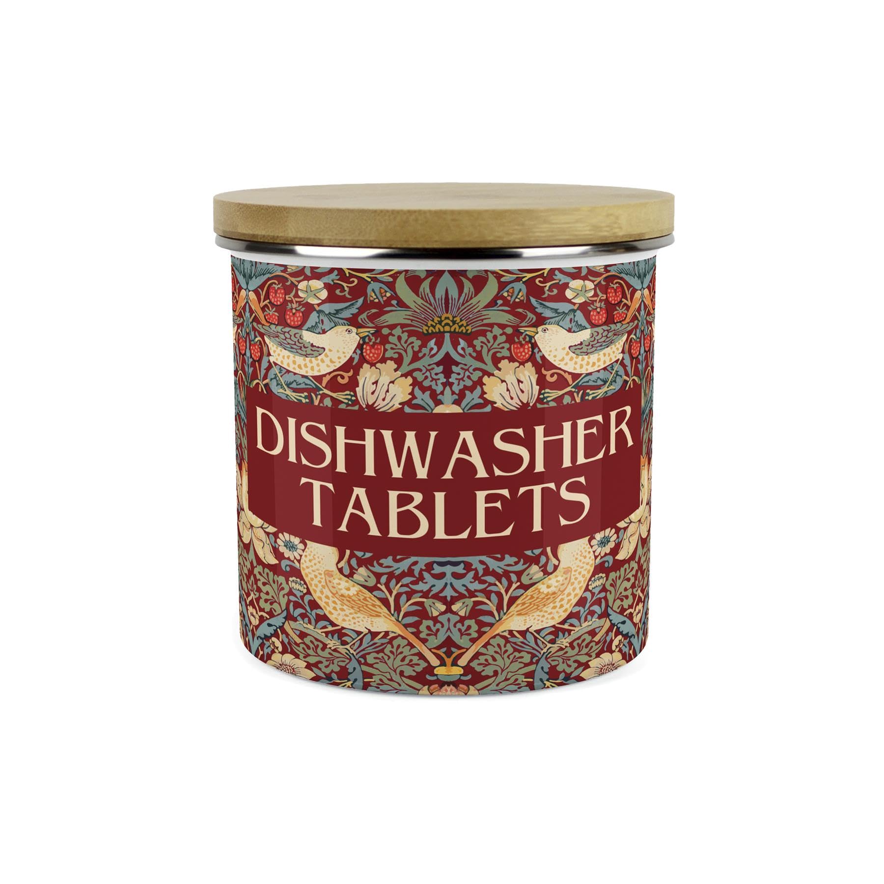 Red Strawberry Thief Dishwasher Tablets Storage Canister - Morris Inspired Floral Tapestry Artwork - Refillable Home Cleaning Products Enamel Container