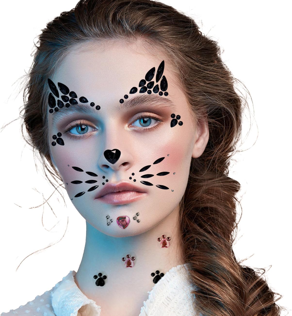 LEOARSCrystal Cat Face Gems, Pink Cat Print Jewels, Black Face Jewels, Fake Cat Lash Gems Tattoo Stick on Eye for Men Women Kids Halloween Prank Makeup Costume