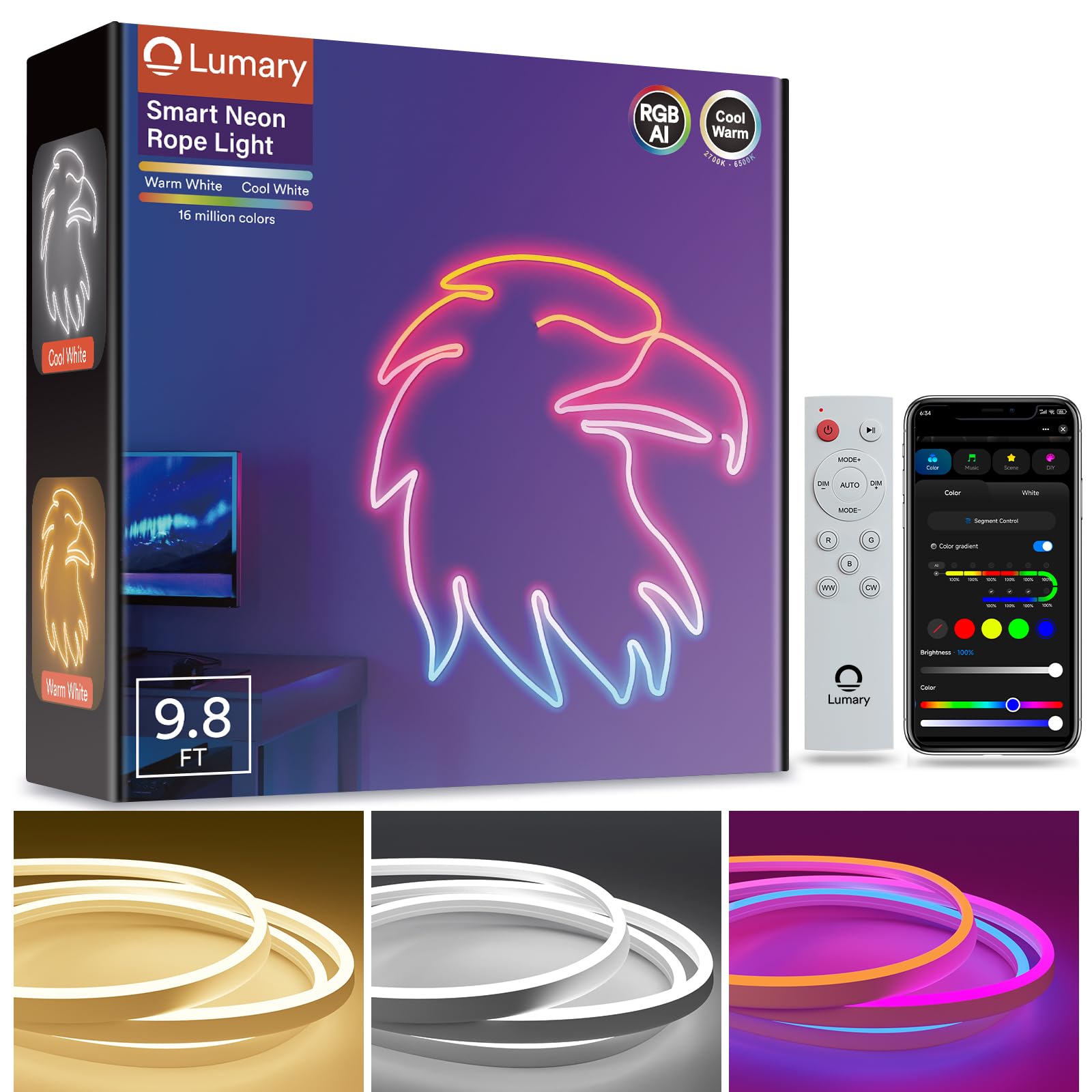 Lumary Smart RGBAICW Neon Rope Light Indoor, 180 LEDs/m High Brightness Neon Light Strip for Bedroom or Wall Decor, Warm White&Cool White Works with Alexa/Google, Custom DIY, Softer Material, 9.8Ft