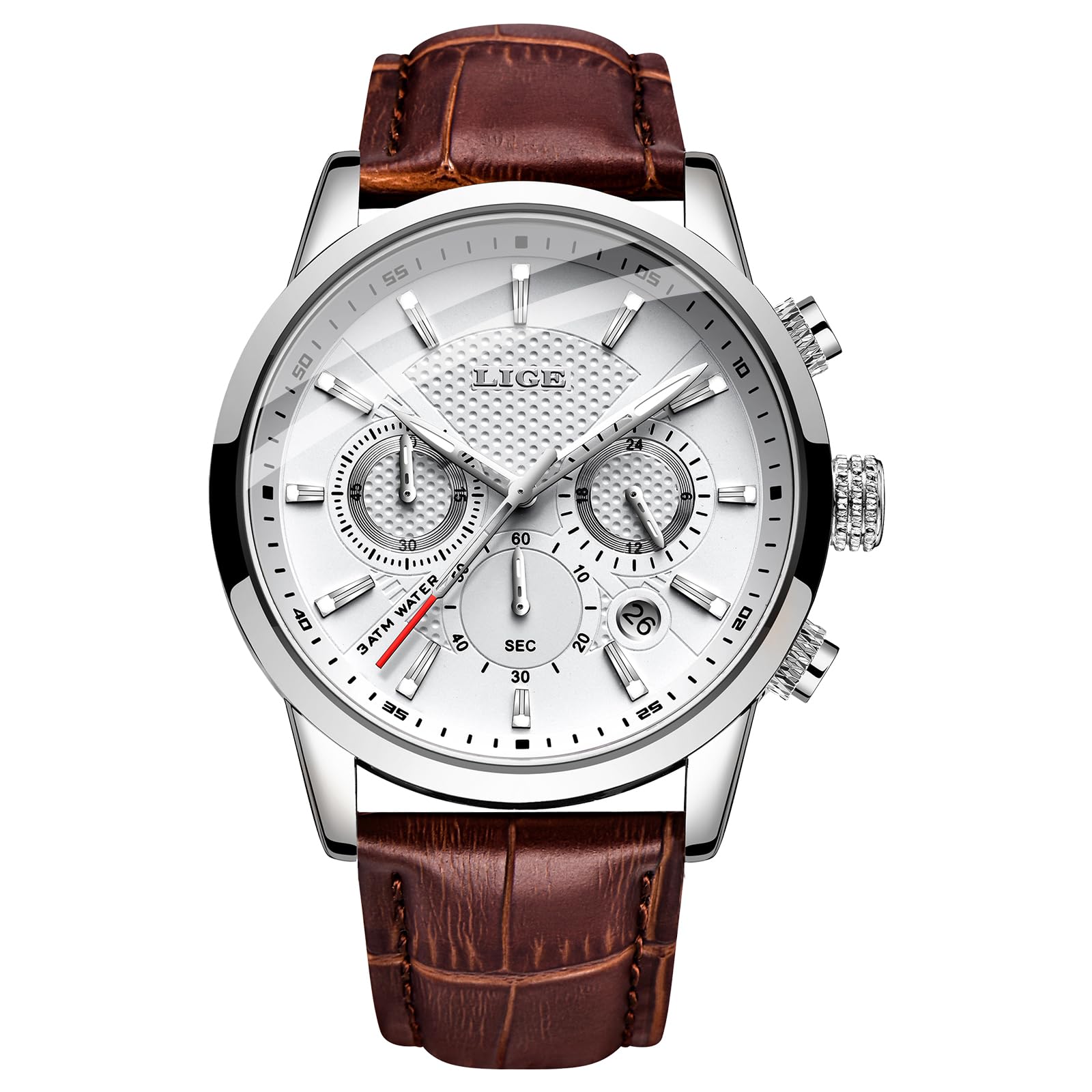 LIGE Men's Fashion Chronograph Waterproof Analog Quartz Stainless Steel Casual Leather Wrist Watches White Brown