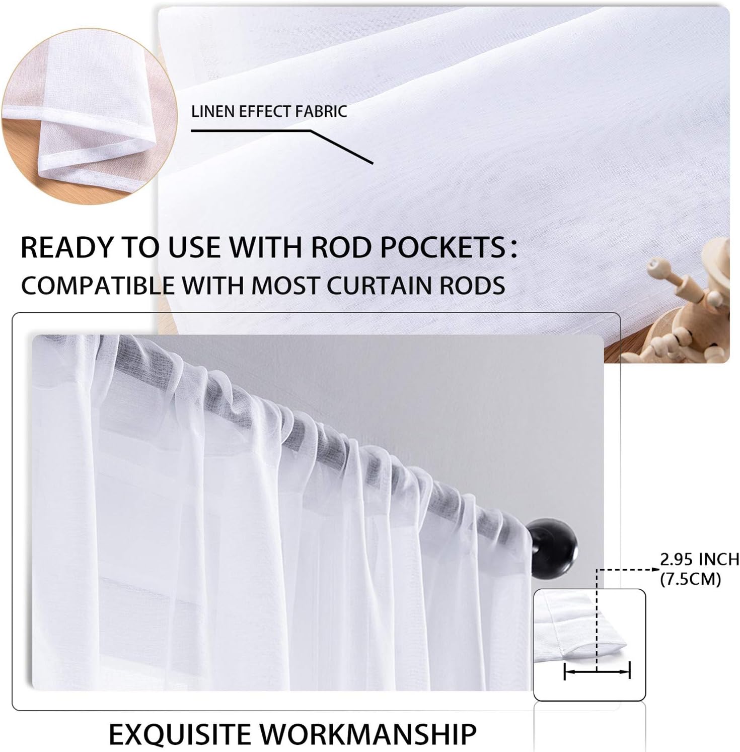 MRTREES Voile Curtains 57 Drop 2 Panels Faux Linen Rod Pocket Sheer Curtain Panel for Bedroom Living Room Patio Door 55x57 Drop 140cm x 145cm White - Image 3