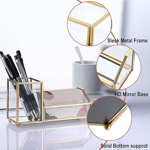 Miniatura 2 de Hipiwe Tarjetero de cristal con soporte para lápiz para bolígrafo, taza de metal dorado, organizador de tarjetas de presentación de escritorio para