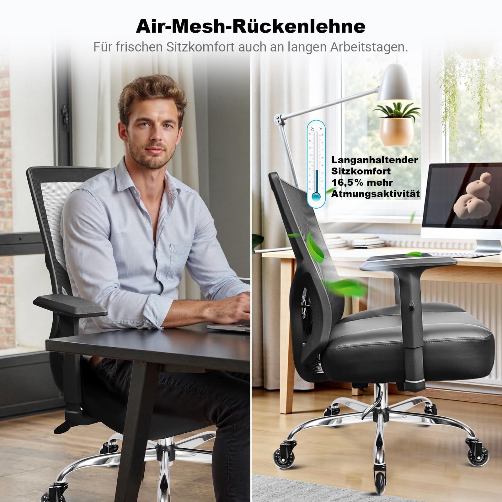 MELOKEA Bürostuhl 200KG XXL [Lendenkissen Inklusive], Schreibtischstuhl | Extrabreites & Extradickes Federkern-Sitzkissen, Gummirollen, Verstellbare Lordosenstütze, Stufenlose Neigungsverriegelung