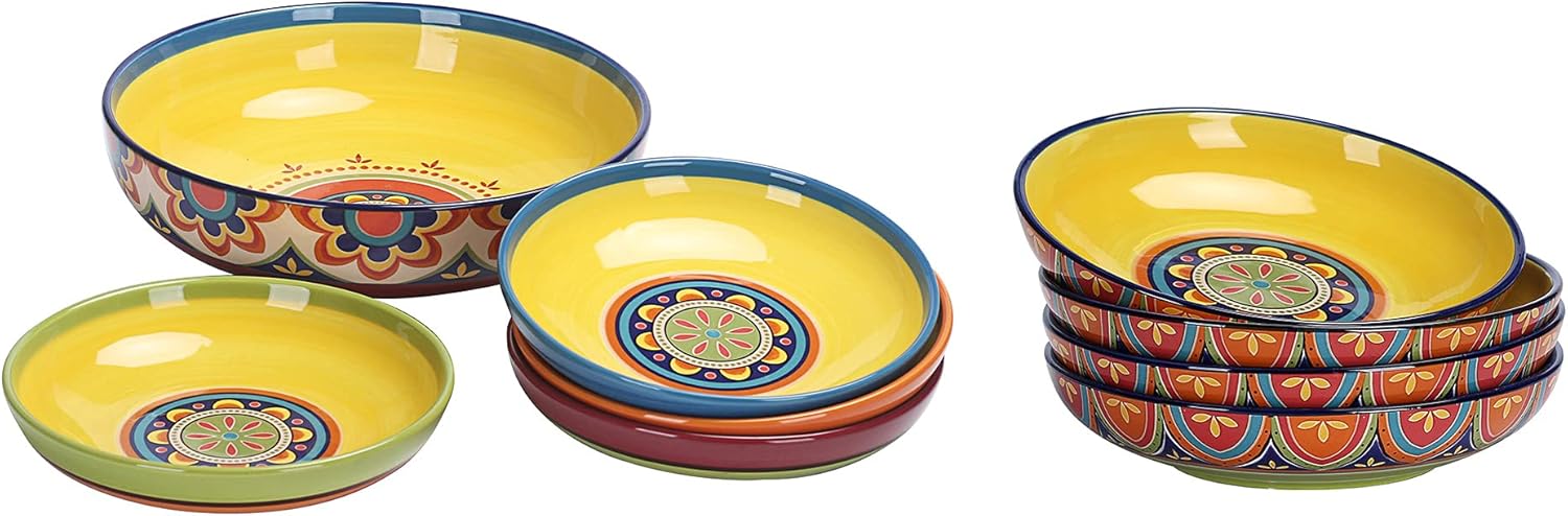 Bico Tunisian Ceramic Pasta Bowl, Set of 9(1 unit 214oz, 8 units 35oz), for Pasta, Salad, Microwave & Dishwasher Safe