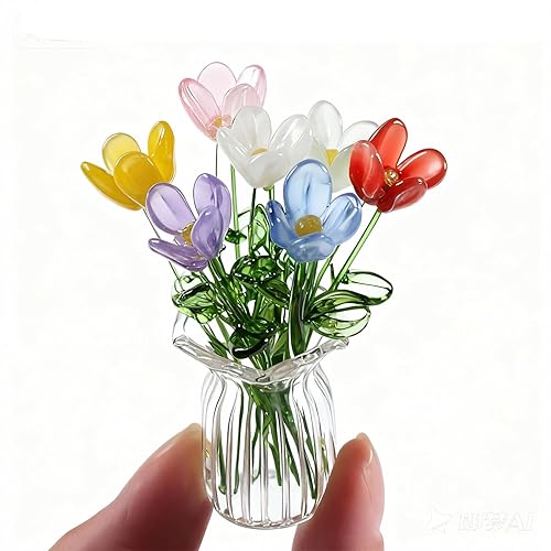 Poranlem Mini Glass Flower Bouquet with Vase Colorful Artificial Wildflowers