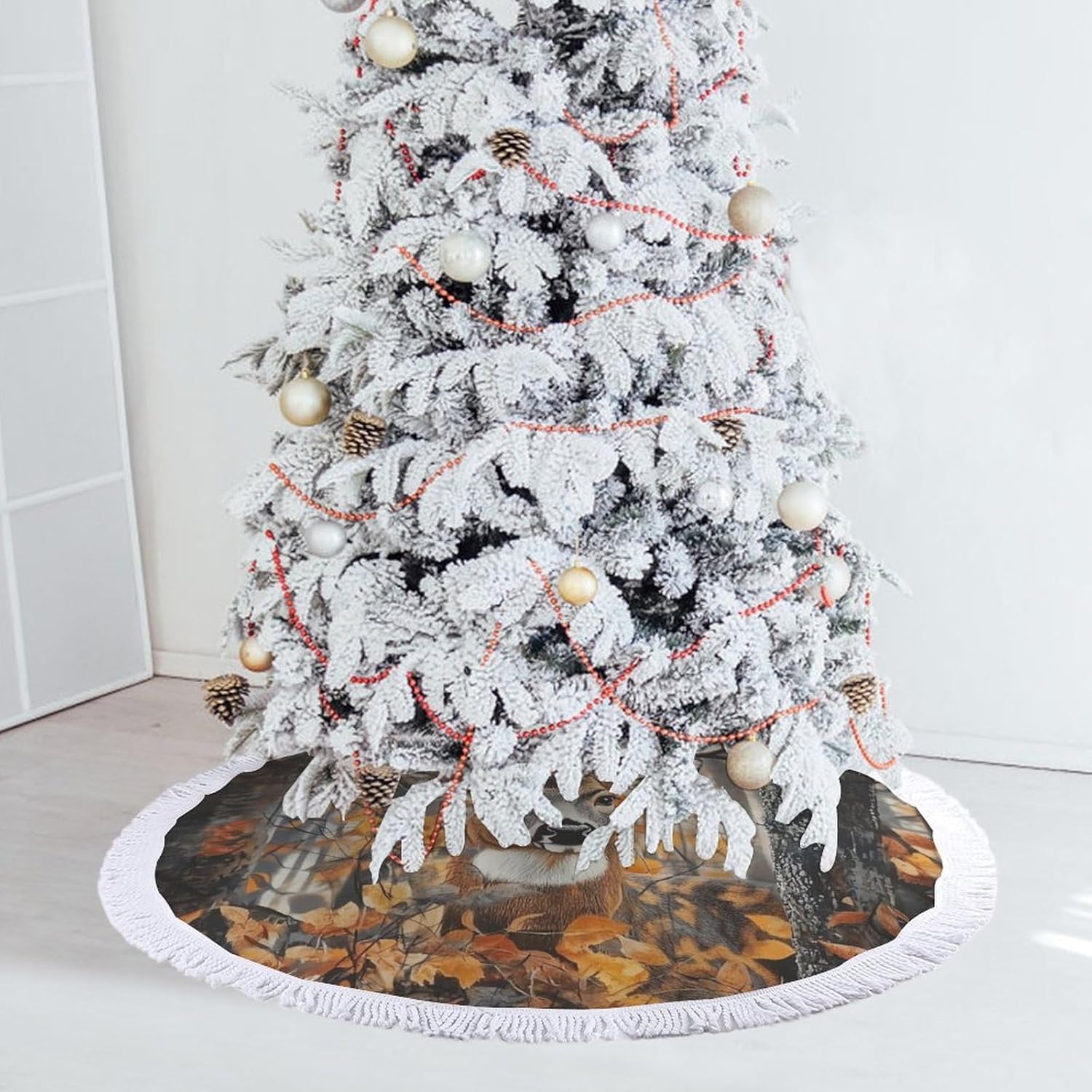 Camouflage Forests Deer Christmas Tree Skirt Round Xmas Tree Mat Ornaments Tree Skirts with Tassels for Holiday Party