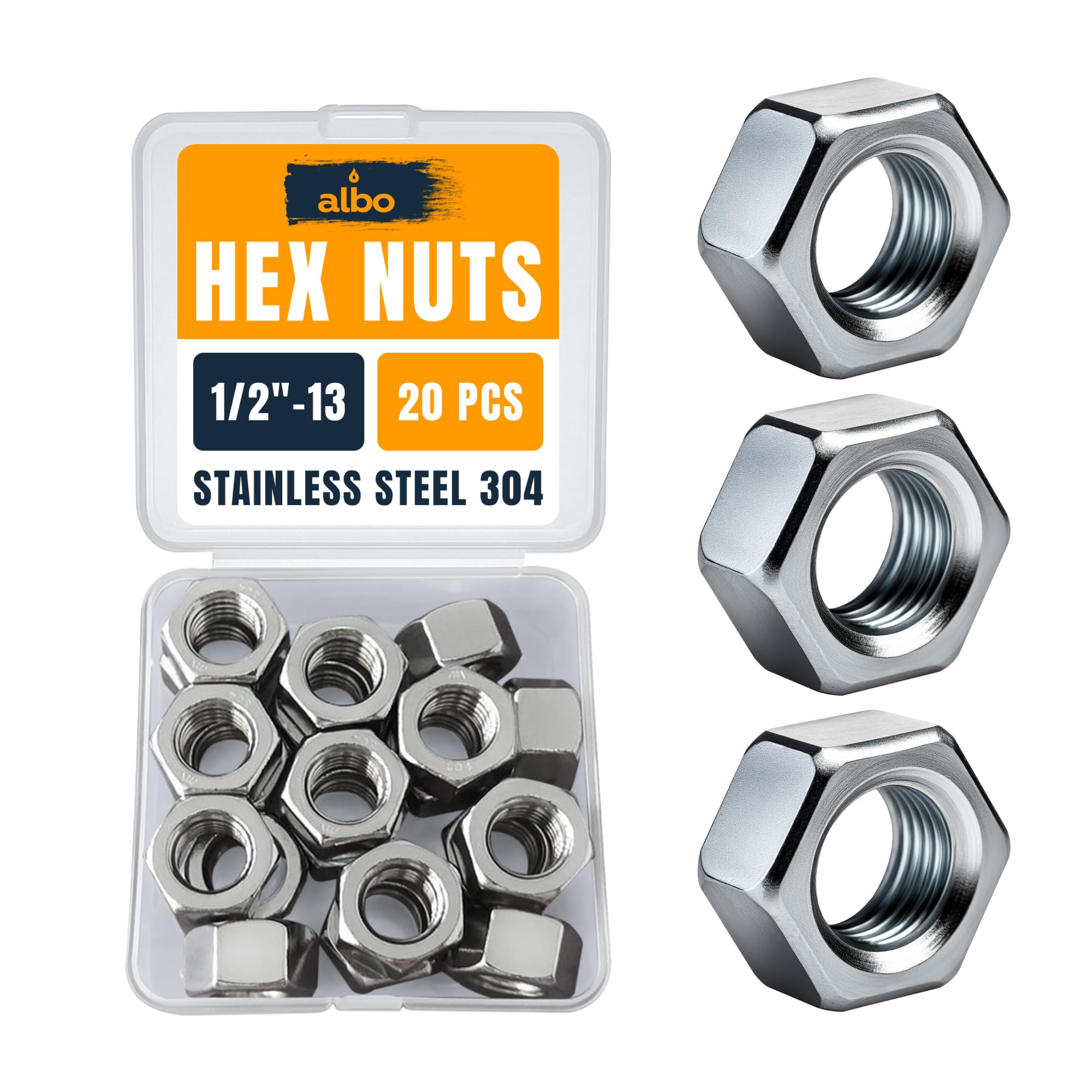 20 PCS 1/2-13 Hex Nuts – Stainless Steel 304 SAE Nuts Set in Reusable Box – Heavy-Duty Hardware for Automotive & DIY – 1/2 Nuts, SAE Nut Assortment