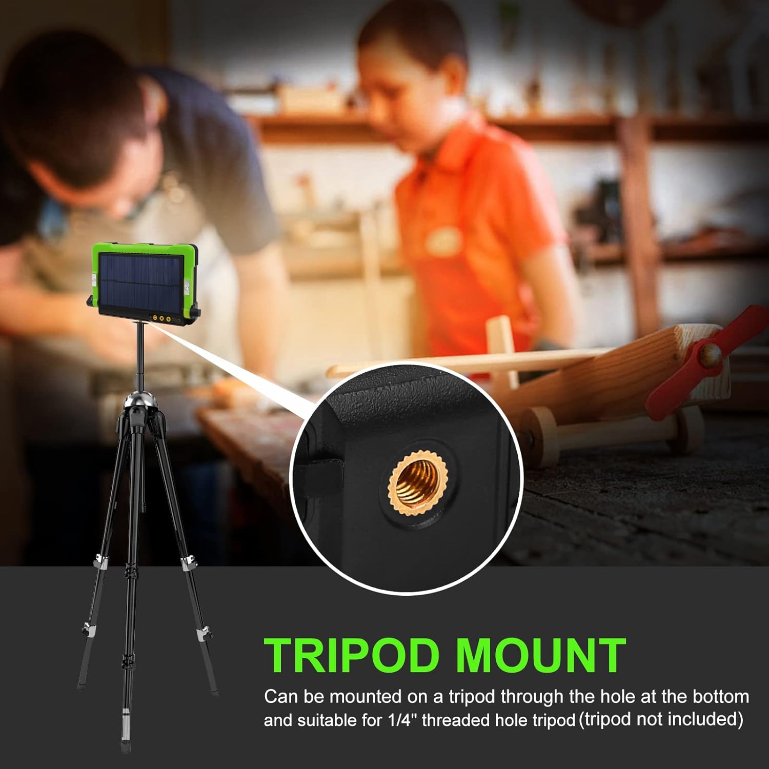 Image showing the LINKE work light mounted on a tripod, with a close-up of the 1/4-inch threaded tripod mounting hole.