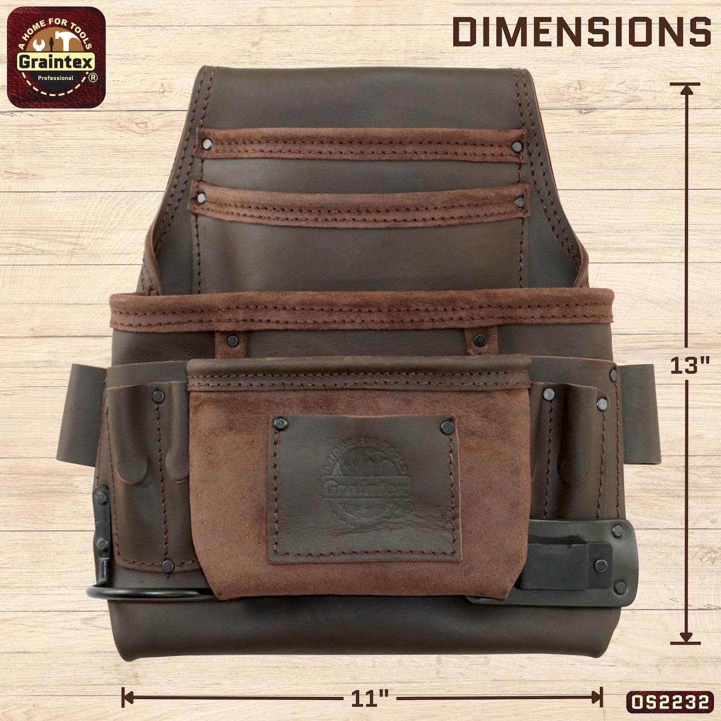 Graintex OS2232 10 Pocket Nail & Tool Pouch Top Grain Oil Tanned Leather for Framers, Constructors, Electricians, Plumbers, Handyman Brown