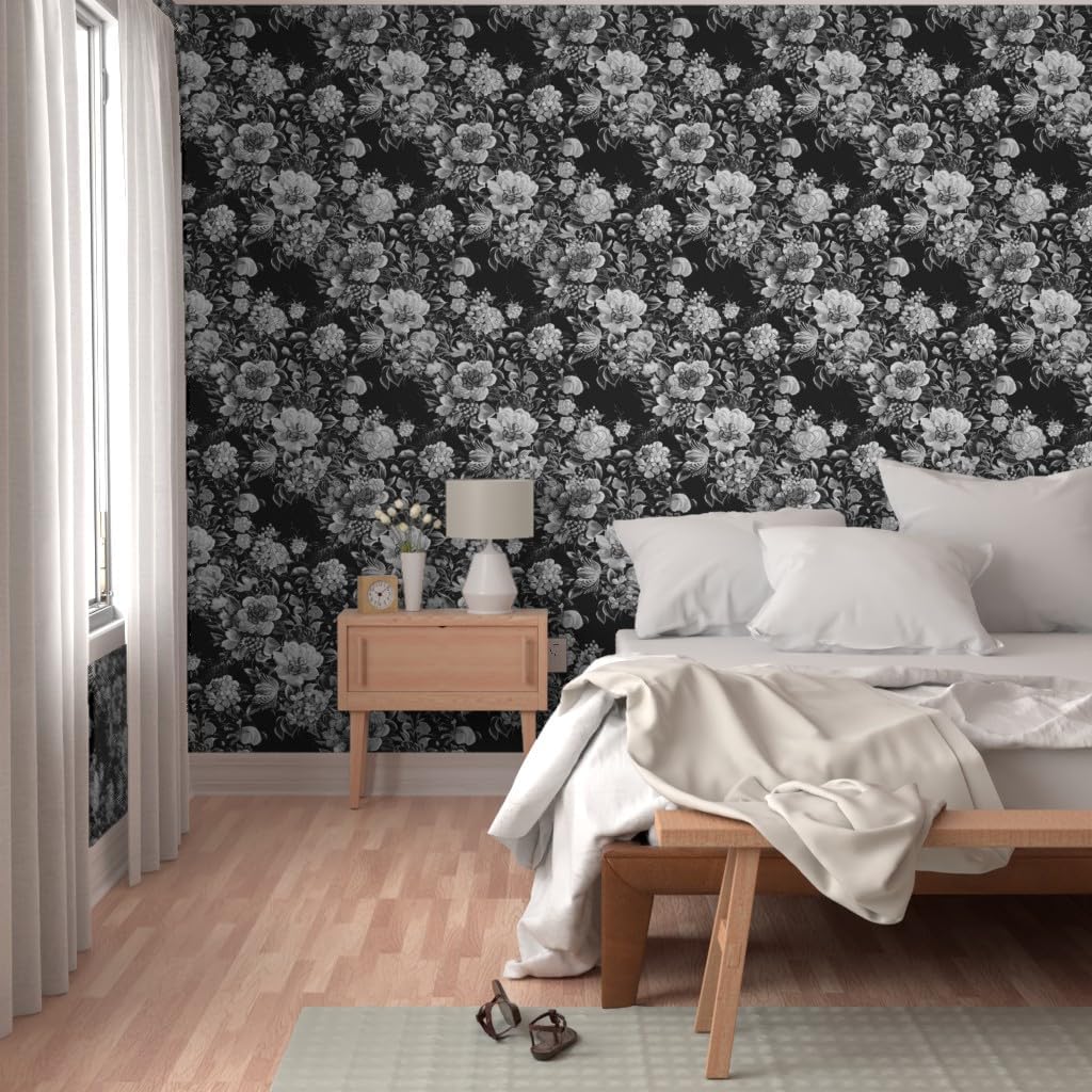 Peel & Stick Wallpaper 3ft x 2ft - Mid Century Modern Flowers Cocktail Midnight 1950S Floral Black Custom Removable Wallpaper by Spoonflower