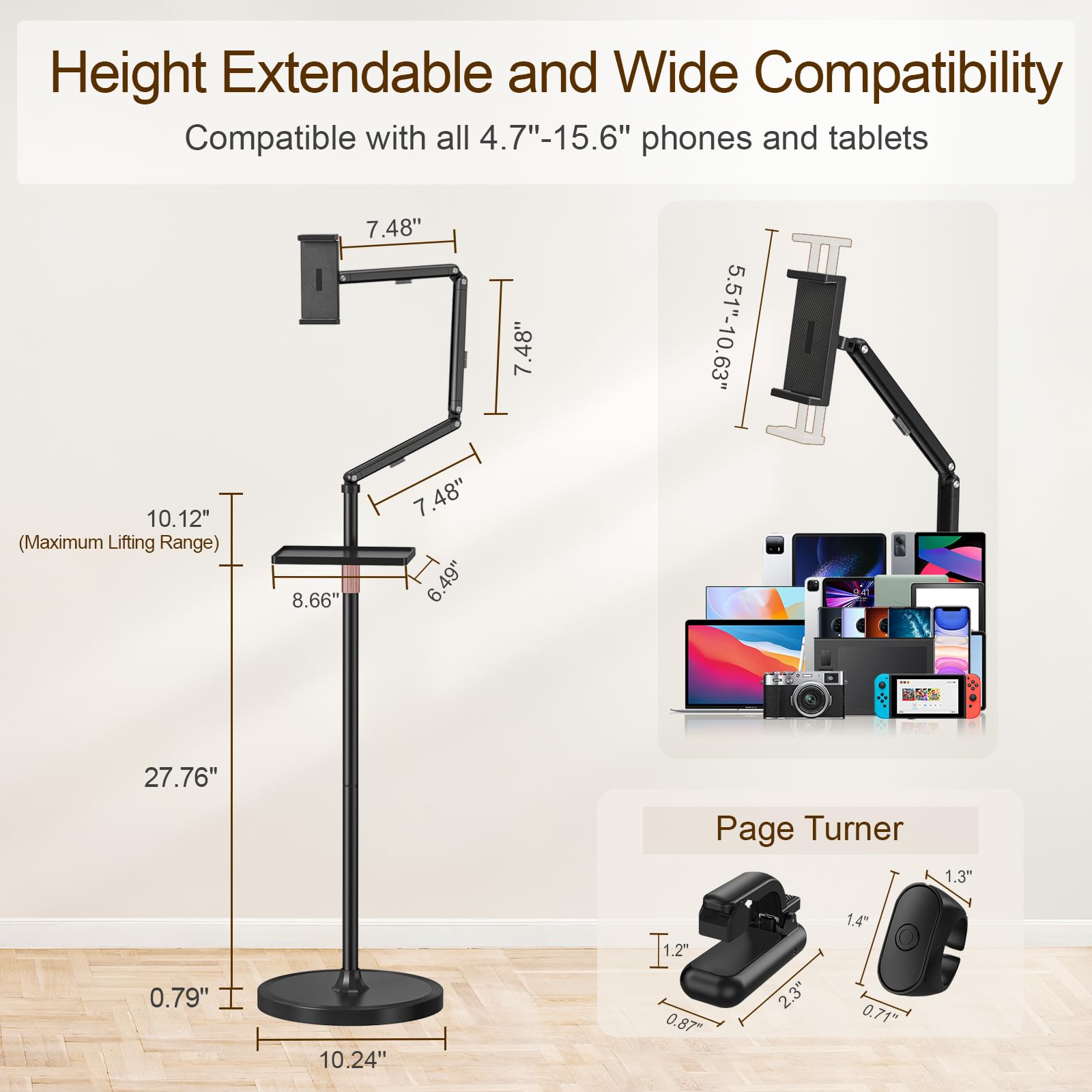 Houele Soporte de suelo para tablet con girador de páginas, soporte de suelo para iPad con bandeja | Soporte para Kindle de altura ajustable para cama, tablet, iPad, para Kindles, iPad y teléfonos de 4.7 a 15.6 pulgadas