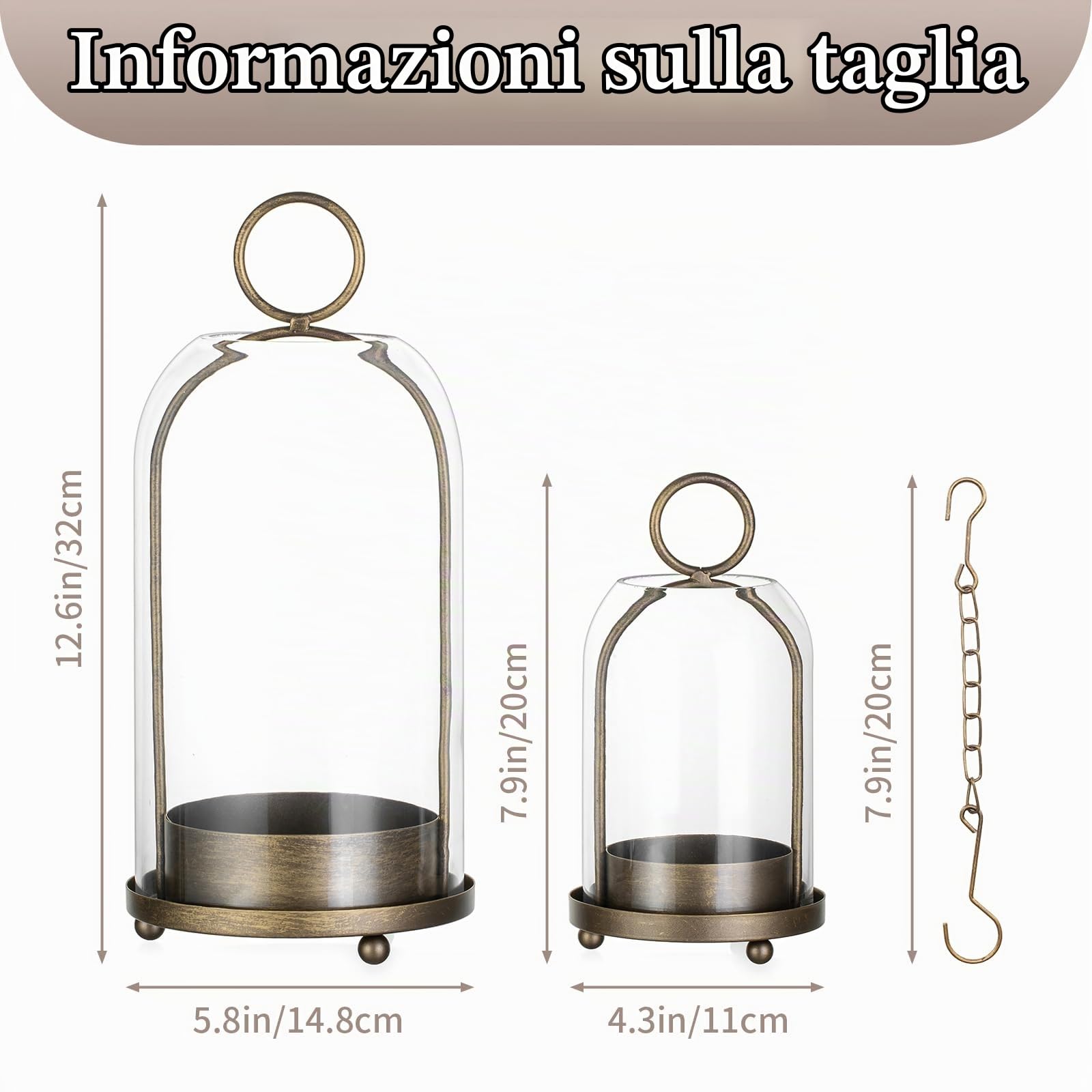 Sziqiqi Portacandele Hurricane per Candele a Colonna: Lanterna Vintage Ottone con Cupola in Vetro per Soggiorno - Set di 2 Grandi Lanterne Metalliche con Catena per Centrotavola Camino Esterno
