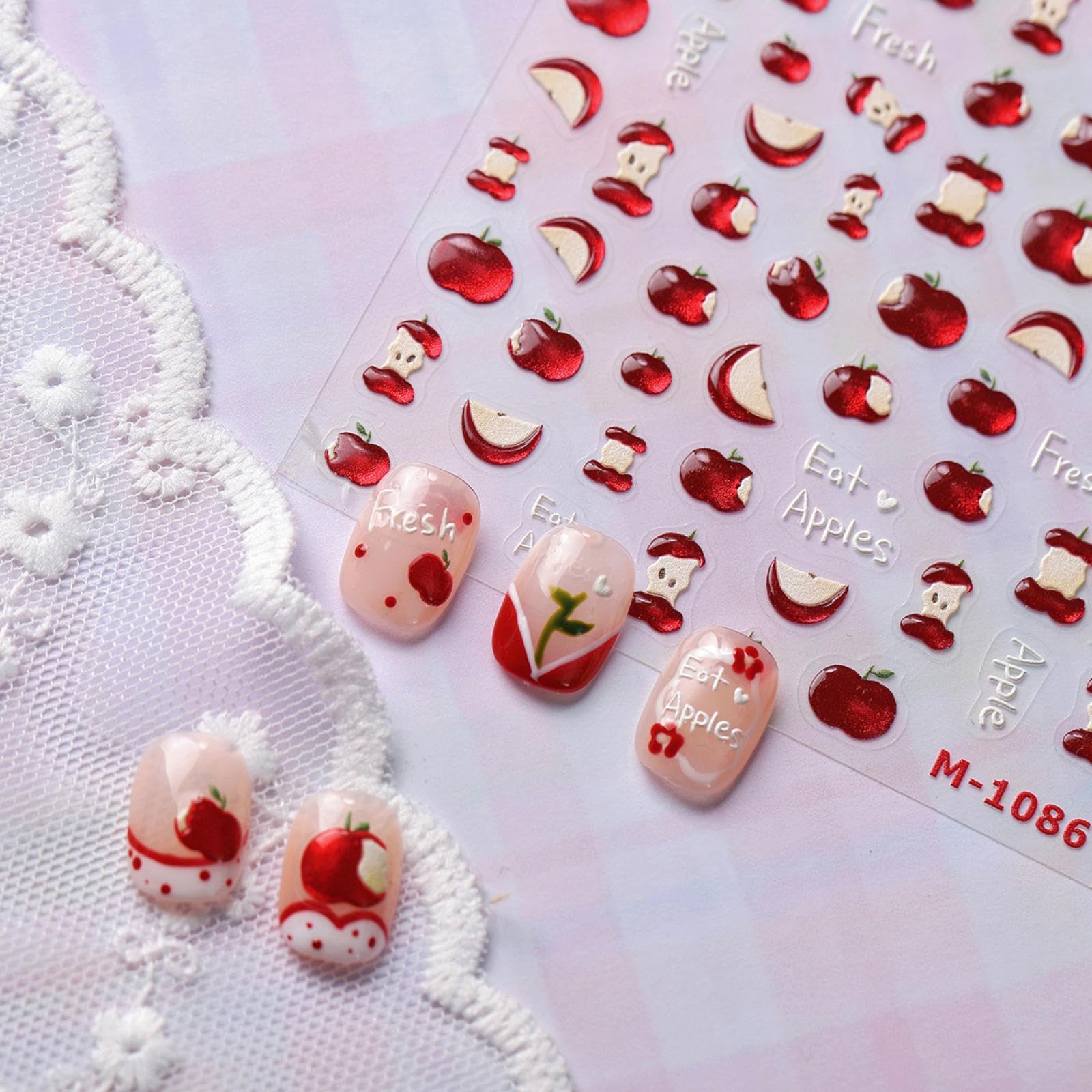 Apple Nail Stickers Red Nail Decals Jelly with Design 5D Embossed Self Adhesive Nails Art Stickers Glitter Apples Nail Art Decals Charms Supply for Women Christmas Manicure DIY Decoration