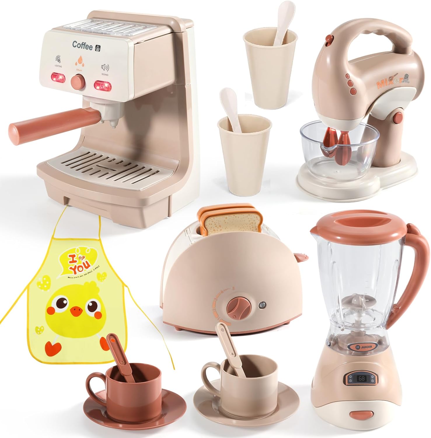 Kids Assorted Kitchen Appliance Play Toys Includes Coffee Maker ,Blender,Fruit Machine and Toaster ,Apron and Cups,with Realistic Lights& Sounds,Learning Gift for Toddlers Baby Girls Boys Kids Assorted Kitchen Appliance Play Toys Includes Coffee Maker ,Blender,Fruit Machine and Toaster ,Apron and Cups,with Realistic Lights& Sounds,Learning Gift for Toddlers Baby Girls Boys