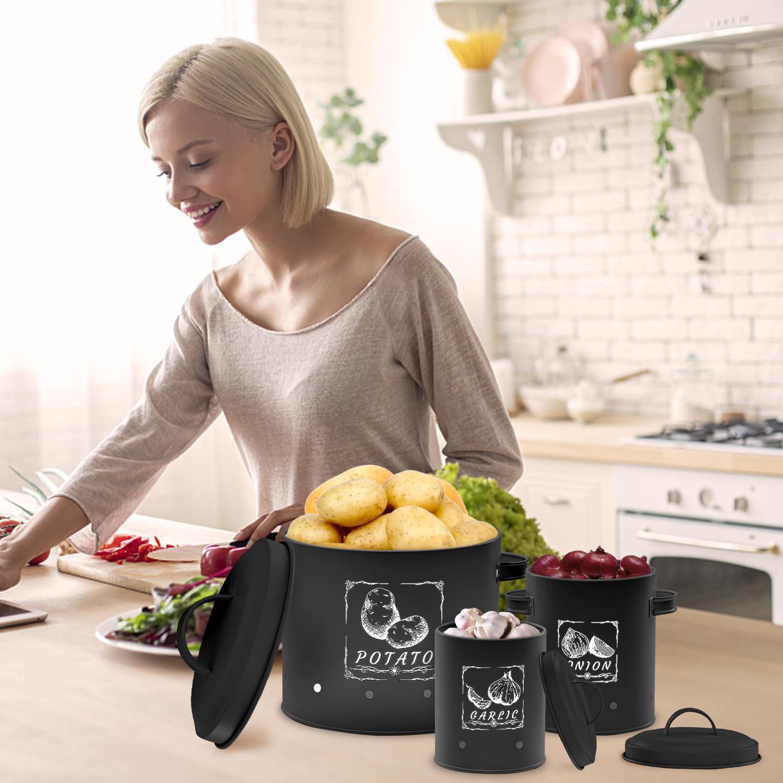 Rangement Oignons Ail Lot 3 Boîtes Rangement Légumes - Conservation Pommes De Terre Oignons - Aération Rangement Cuisine Aéré Métal