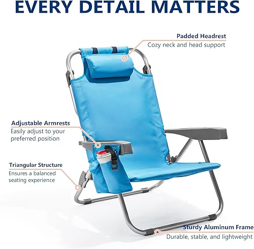 Miniatura 7 de Silla de playa alta plana de aluminio de 5 posiciones, silla de playa compacta portátil para adultos con bolsa enfriadora, bolsa de almacenamiento,
