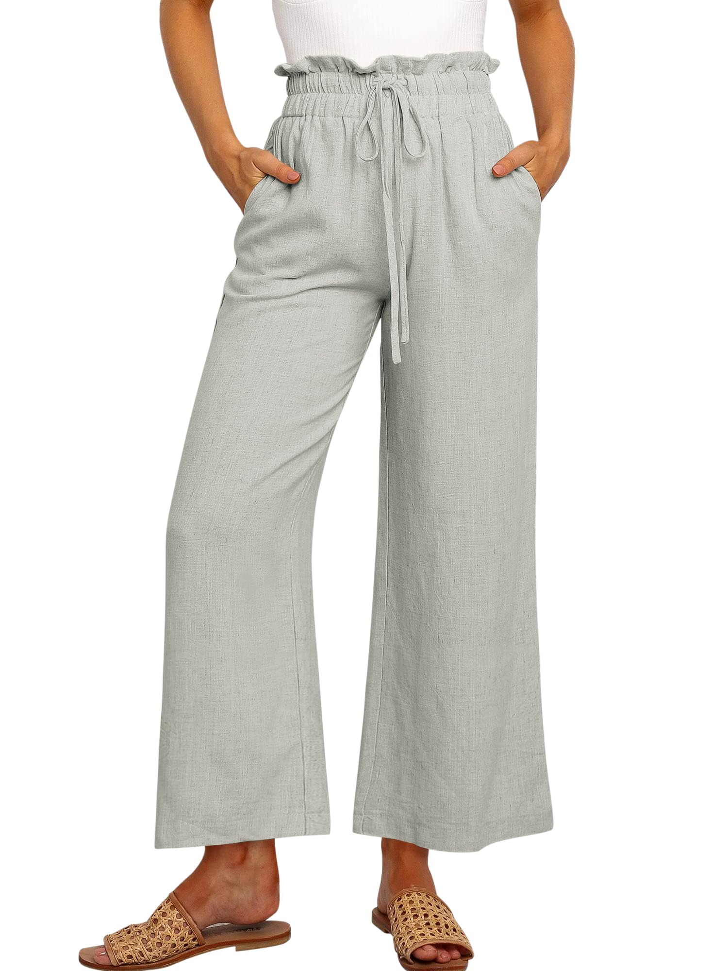 Cindeyar Linen Trousers, Women's Summer Casual Lightweight Palazzo Trousers, High Waist Plain Linen Casual Trousers, Summer Trousers with Pockets and Drawstring