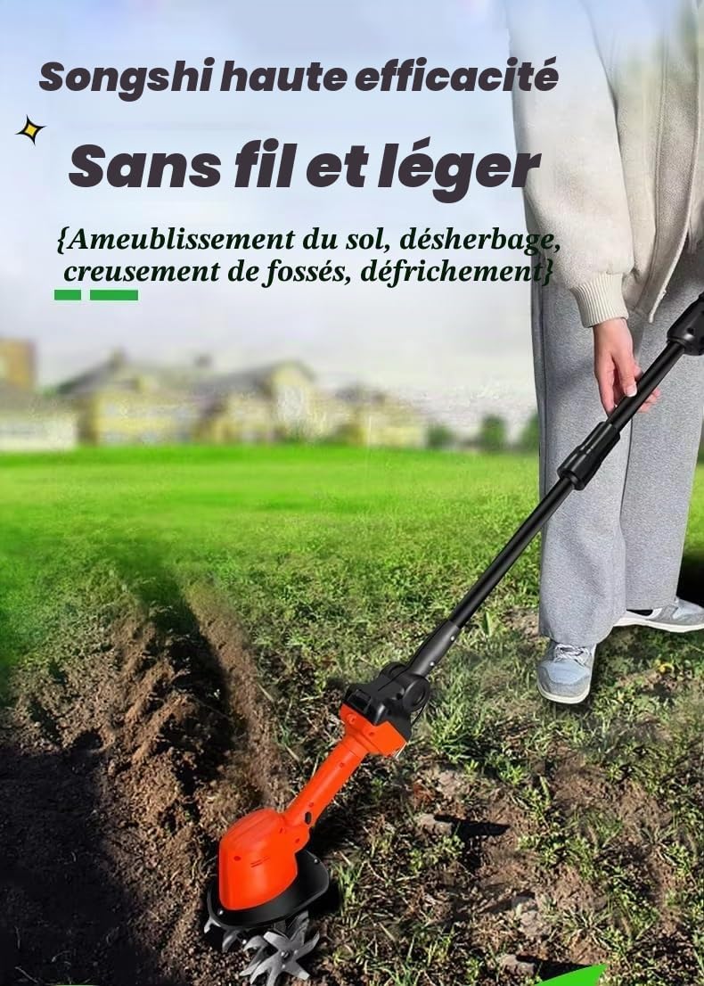 Motobineuse électrique sans Fil, motoculteur avec Batteries, Mini-houe et Perche télescopique, désherbage Manuel for la Tonte, la préparation du Sol et Le désherbage.