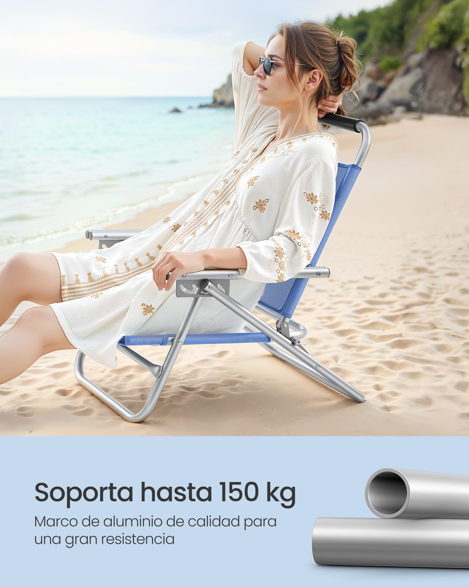 SONGMICS Silla de Playa, Plegable, Portátil, Respaldo Ajustable en 4 Niveles, con Reposabrazos, Transpirable y Cómoda, Taburete de Exterior, Azul GCB65BU