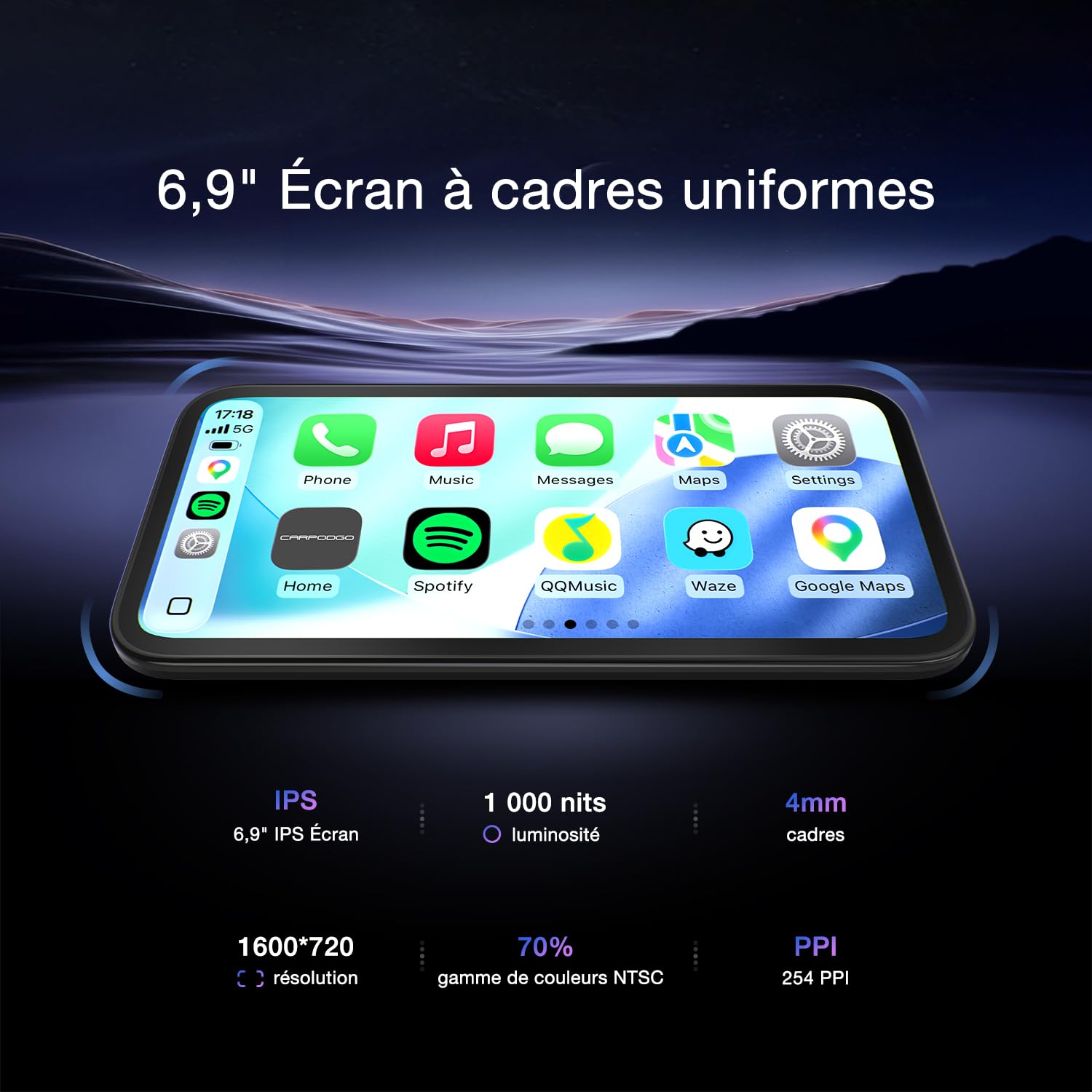 CarpodGo Mini Écran Portable sans Fil 6,9",luminosité de 1 000 nits,écran Arrondi à Cadre Uniforme,CarPlay Voiture pour Apple Car Play à 60fps Compatible avec Les Supports magnétiques