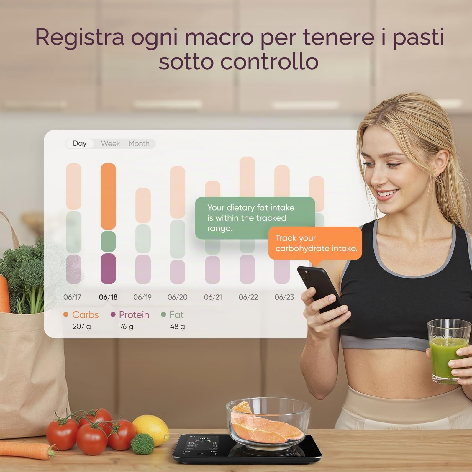 COSORI Bilancia da cucina intelligente Nutrilens, scala di conteggio delle calorie premium, scansione AI tramite app gratuita, traccia 19 nutrienti, informazioni sui nutrienti sullo schermo, USB-C