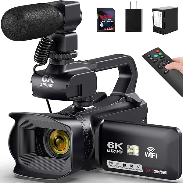 Camcorder Video Camera 6K 64MP IR Night Vision Vlogging Camera for YouTube 18X Digital Zoom 4.0" Touch Screen Digital Camera with WiFi, Microphone, Charger, Stabilizer, Remote Control and 64GB SD Card