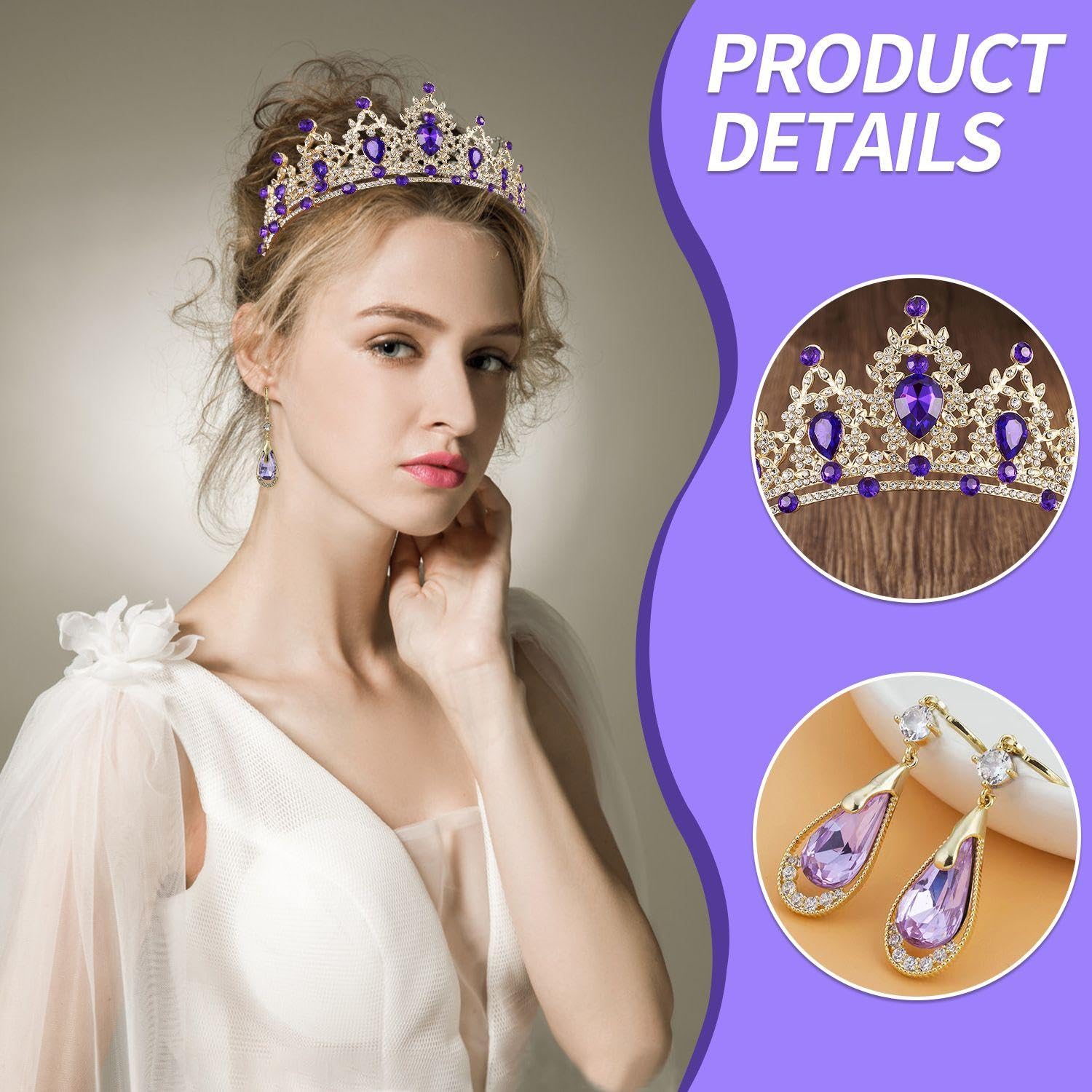 1 Rhinestone Crown Headband, 1 Pair Of Rhinestone Earrings, Girls Hair Accessories, Pendant Earrings, Queen Headband - Image 3