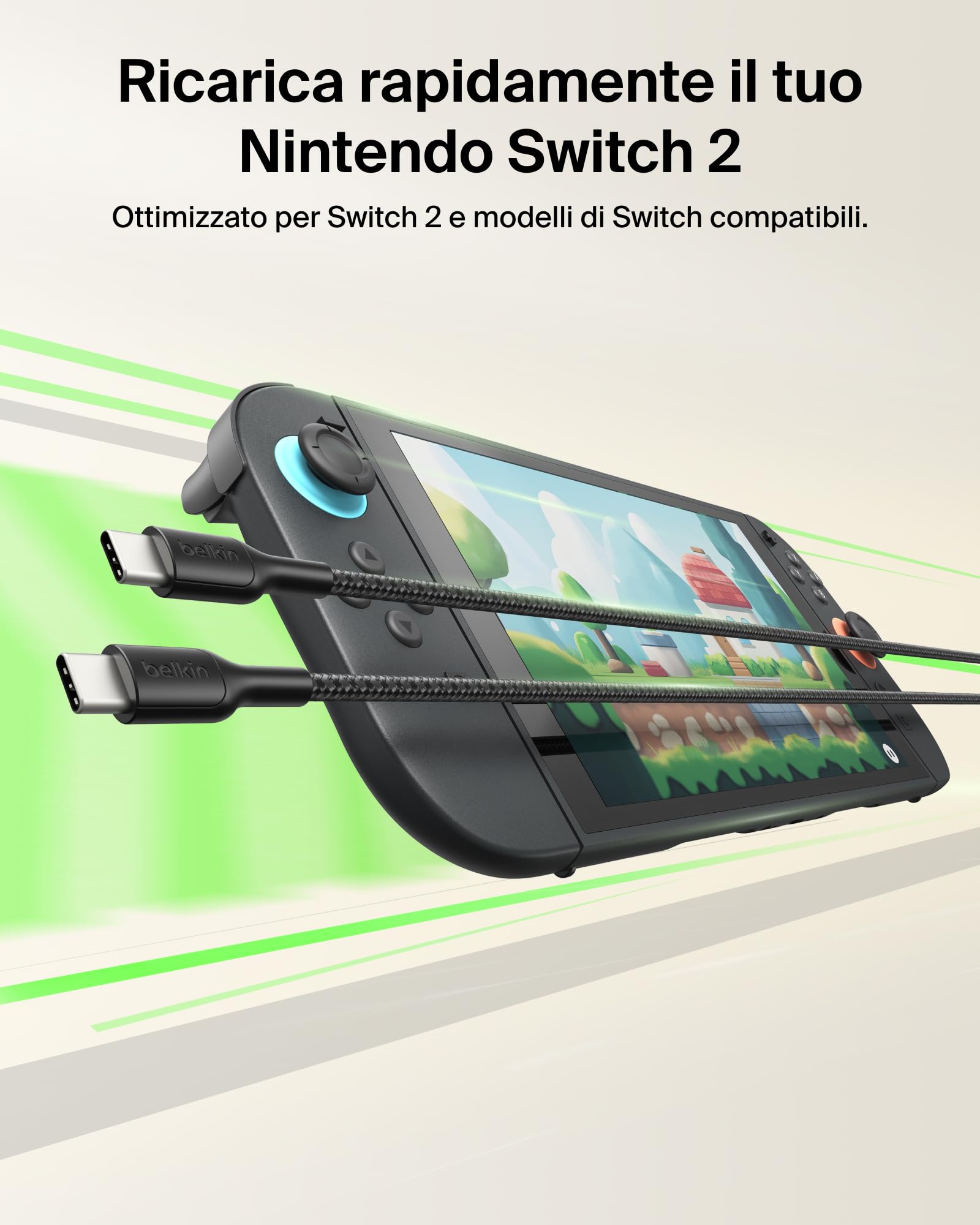 Belkin Gaming Cavo Intrecciato da USB-C a USB-C da 60 W (2m), Ricarica Rapida USB C per Nintendo Switch 2, iPhone 16, iPhone 15, iPad, MacBook Air, Chromebook, Samsung Galaxy S25 Ultra e altri, nero