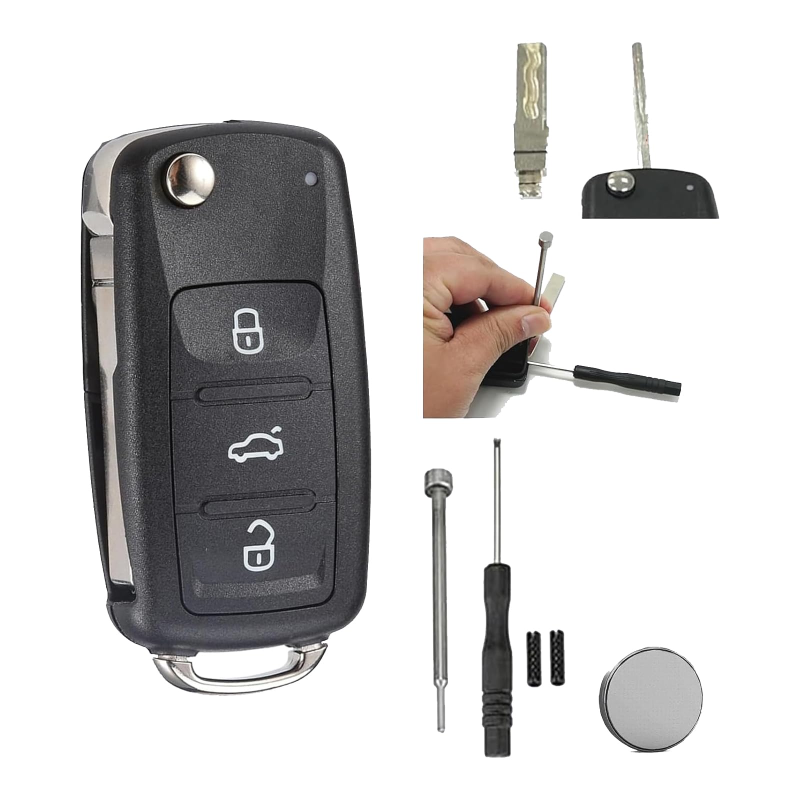 3 Buttons Flip Volkswagen Car Key Fob Shell for VW Up Golf MK5 MK6 Polo Tiguan Passat Jetta Caddy Transporter T6,Skoda Octavia Fabia,Seat Ibiza Leon Key Case with VW Key Blade Pin Tools