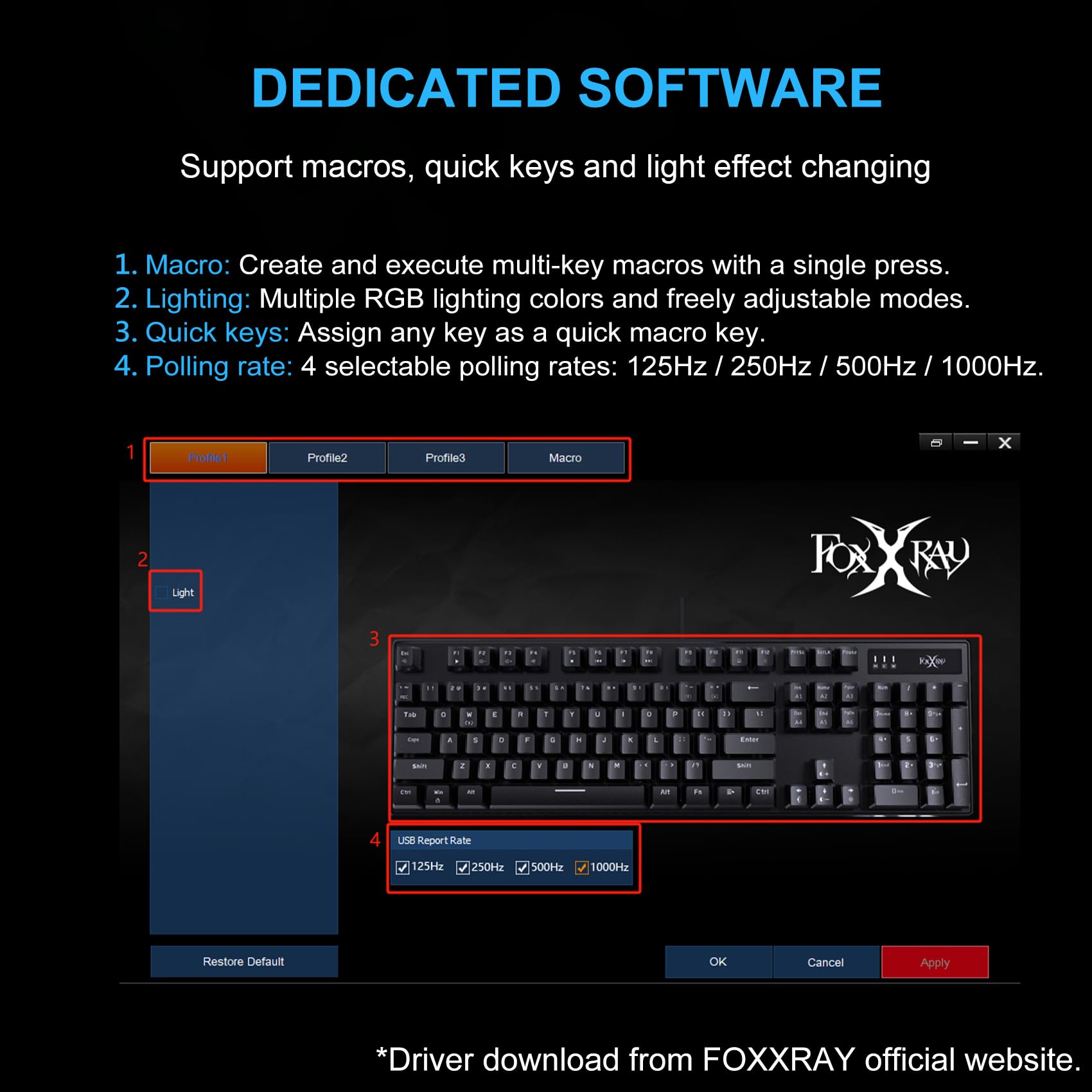 FOXXRAY HKM-88 Tastiera meccanica da gioco full-size, tasti personalizzabili con supporto macro, retroilluminazione RGB, interruttori Outemu rosso/blu, Plug and Play USB per PC (nero, interruttore