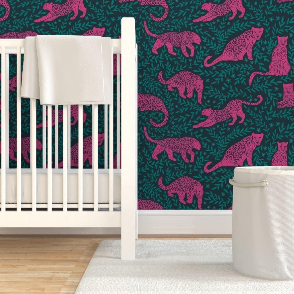 Spoonflower Peel & Stick Wallpaper 3ft x 2ft - Jungle Cat Dark Teal Pink Leopard Jaguar Jewel Tone Custom Removable Wallpaper