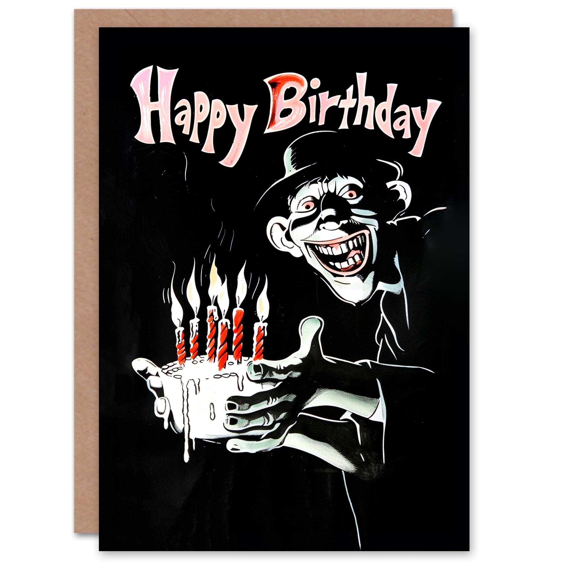 Artery8 Birthday Card Creepy Man with Cake Candles Weird Drawing For Him Man Male Dad Brother Son Papa Grandad Greeting Card