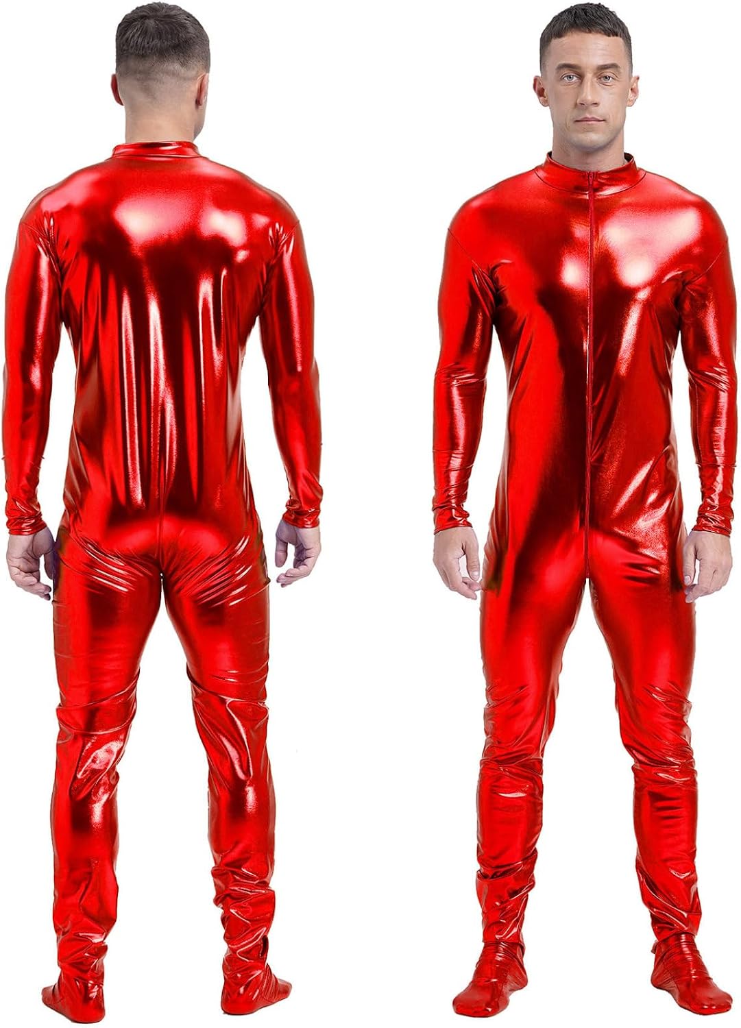 Lejafay Men's Long Sleeve Shiny Metallic Zentai Bodysuit Turtleneck Zipper Unitard Jumpsuits Catsuit