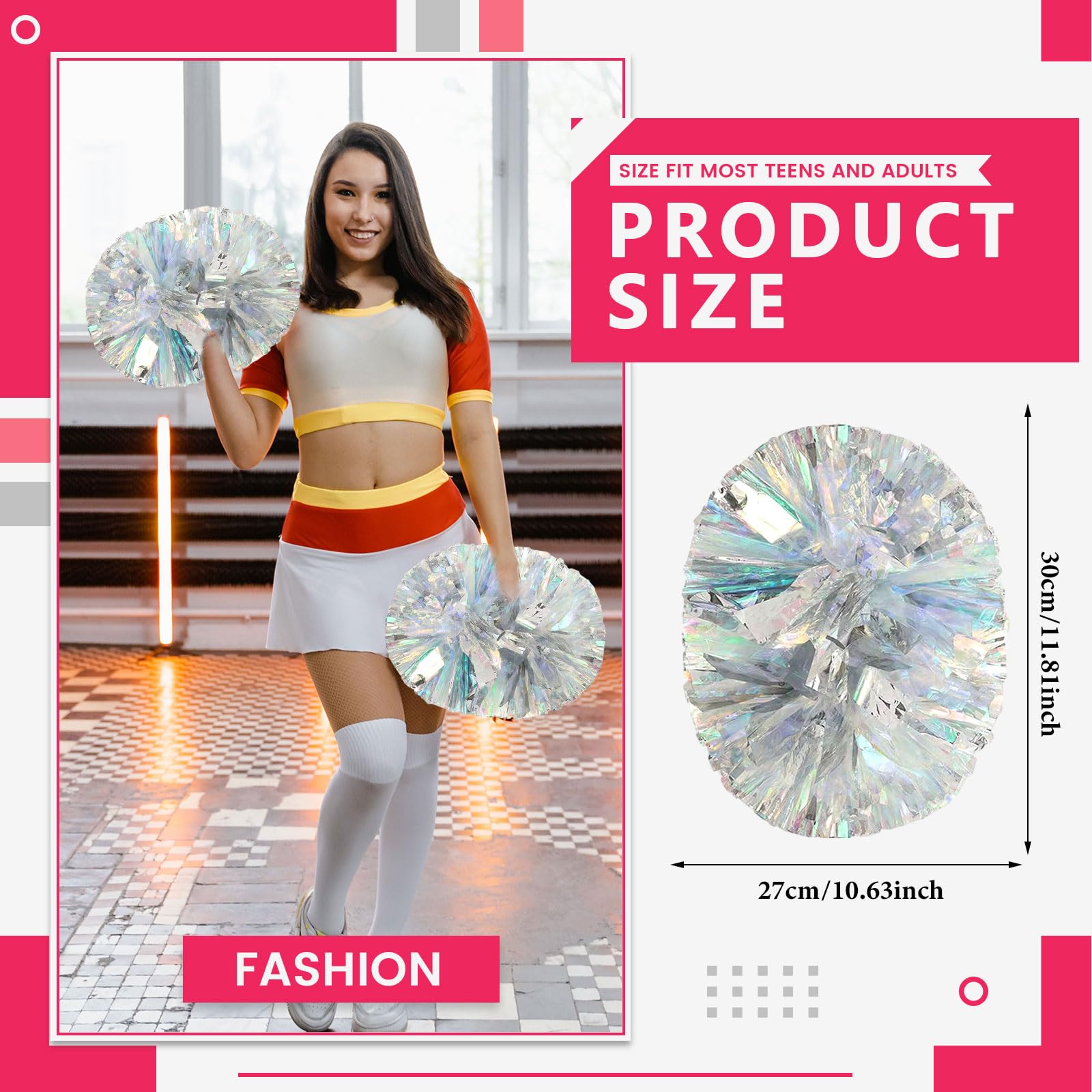 Pompon da cheerleading, 20 pezzi con manico, perfetti per tifo di squadra, giochi di spirito,Pompon ideali per gli appassionati (argento matematico)