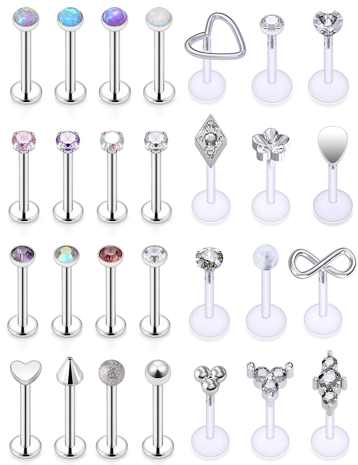 Vsnnsns16G Lip Rings Stainless Steel Tragus Helix Conch Piercing Jewelry Snake Bite Piercing Monroe Lip Rings Labret Medusa Cartilage Lobe Earrings Studs Piercing Jewelry 6MM 8MM 10MM Silver 28PCS