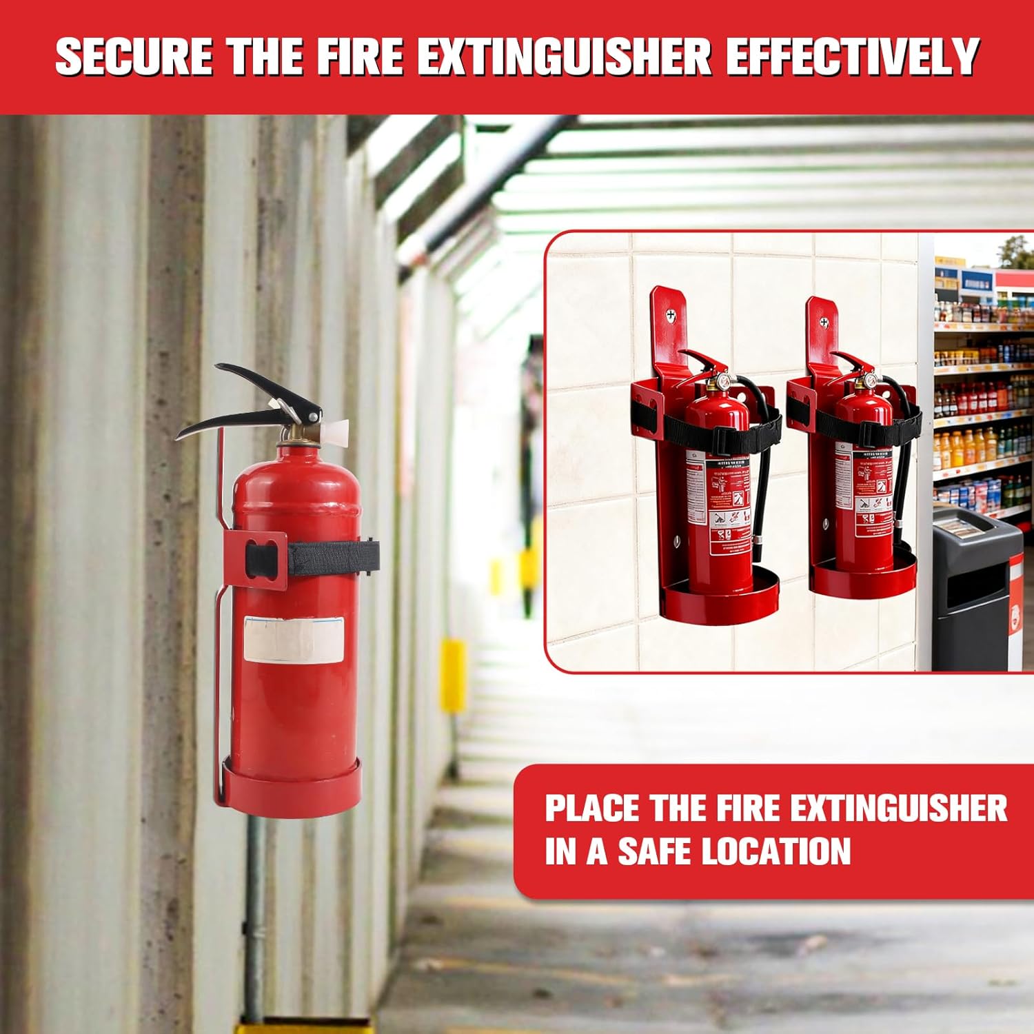 Fire Extinguisher Mount, 2.5LB Fire Extinguisher Bracket Wall Hanging Holder with Adjustable Straps for Home, Office, Garage (Red 2Pcs)