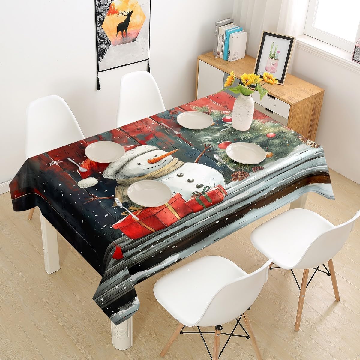 Tovaglia Antimacchia Rettangolare Tema Natalizio, Tovaglie da Tavolo Impermeabile Poliestere Pupazzo di Neve 3D, per Natalizia Cucina Feste Giardino, 200x200 cm A/B3768