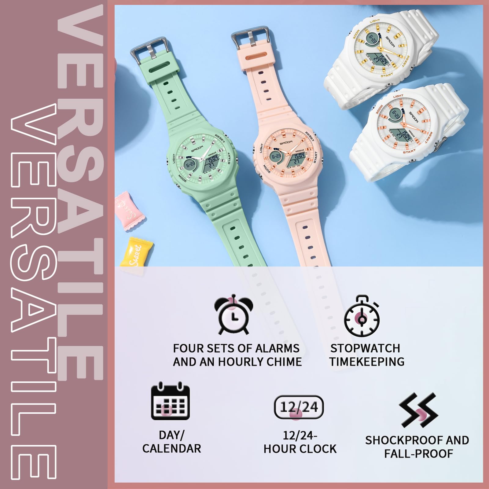 Reloj digital para mujer, reloj deportivo resistente al agua hasta 5 ATM | Relojes de pulsera analógicos con retroiluminación LED, calendario de 12/24 horas
