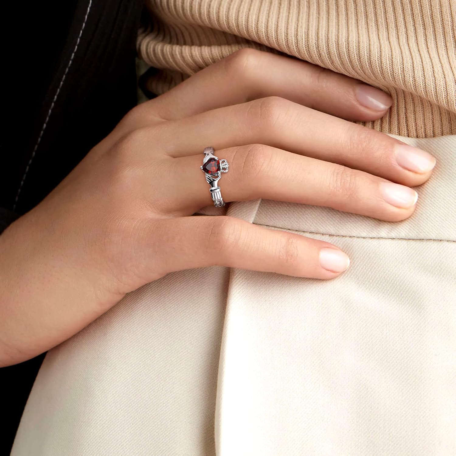 Bestyle Sterling Silver Celtic/Claddagh Birthstone Ring for Women, Hypoallergenic Celtic Silver Ring for Women, Adjustable Open Silver Thumb Ring, Love Promise Ring for Her, Great Birthday Gift - Image 3