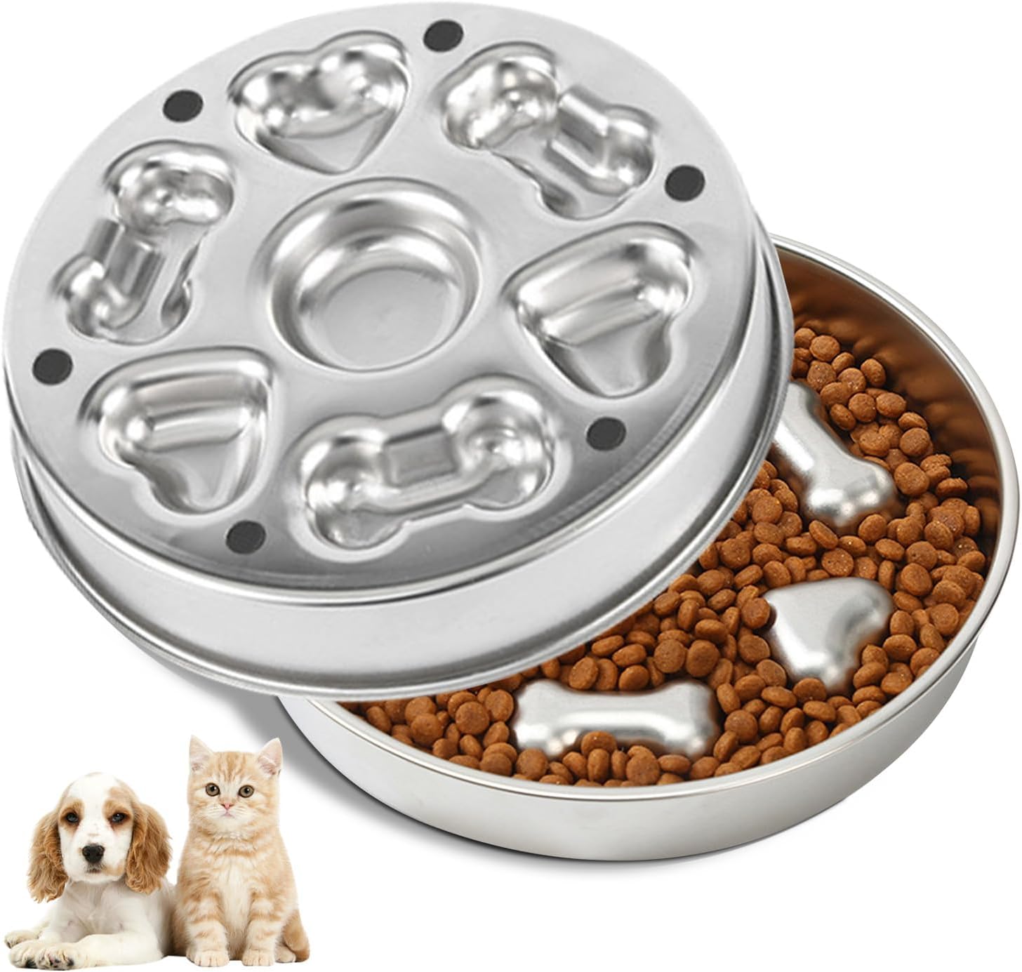 Slow Feeder Dog Bowl, 304 Stainless Steel Dog Food Bowls, Non-Slip Pet Slower Feeding Dish, Double-Sided Design Pet Bowl for All Dog Cat Sizes