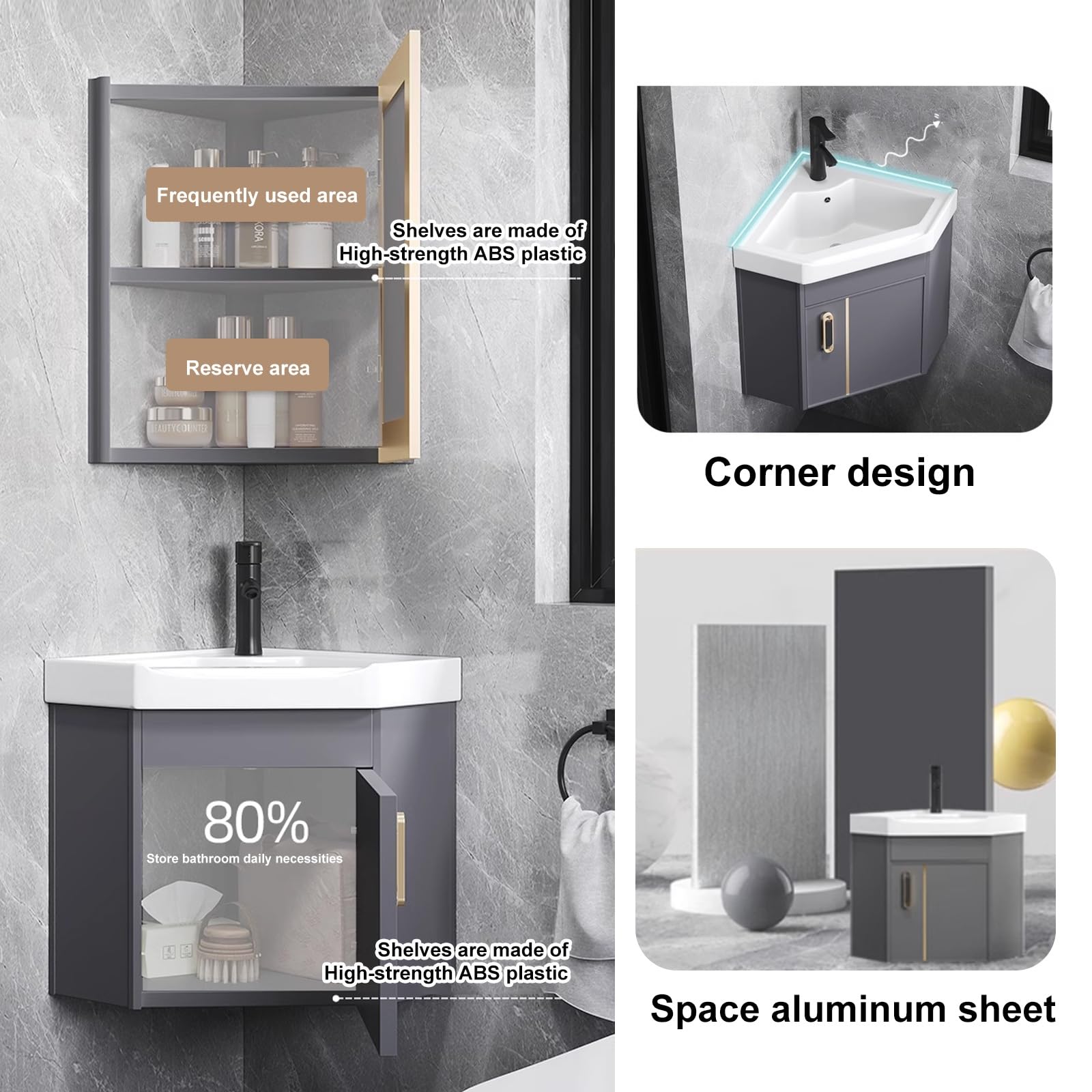 Armadietto da bagno ad angolo con lavabo e specchio a LED, mobiletto angolare per piccoli spazi, set da bagno a parete