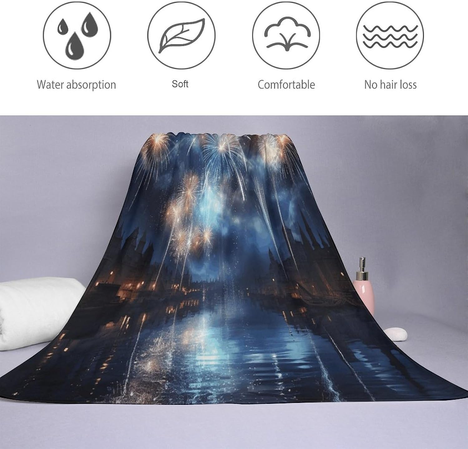 New Year Pyrotechnics Towel Vacation Accessories Essentials Soft Lighterweight，Bath Towel for Adults Women Men，Bath Towels Gift for All Occasions, Machine Washable.