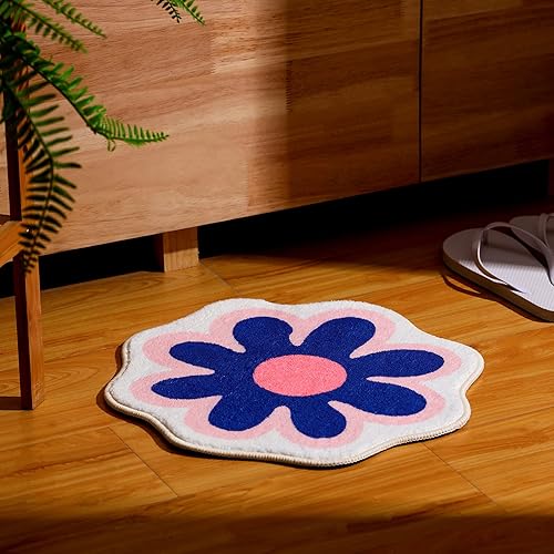 Miniatura 7 de Qunclay 4 tapetes de baño con diseño de flores bonitas, de 15.8 x 15.8 pulgadas, lavables en forma de margarita, antideslizantes, absorbentes,