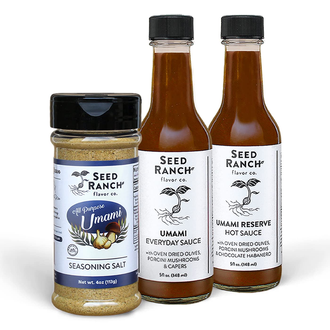 Seed Ranch Umami Chef Set Bundle, 3 Pack - Mild to Hot Heat - Seasoning Salt, Umami Everyday & Umami Reserve Hot Sauce - Vegan, Non-GMO, Gluten-Free - Marinade, Vegetables, Soup & Rice