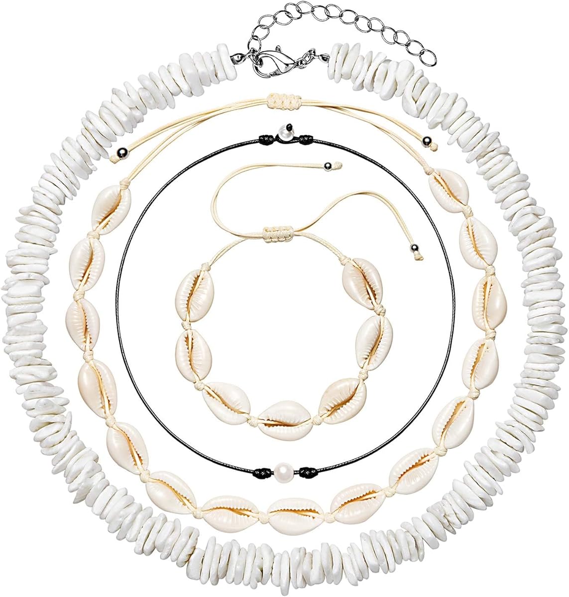 Puka Shell Necklace for Women Natural Pearl Choker Necklace Adjustable Seashell Necklace Cowrie Shell Bracelet Beach Boho Jewelry Set for Vsco