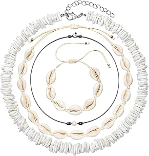 Puka Shell Necklace for Women Natural Pearl Choker Necklace Adjustable Seashell Necklace Cowrie Shell Bracelet Beach Boho Jewelry Set for Vsco Girls