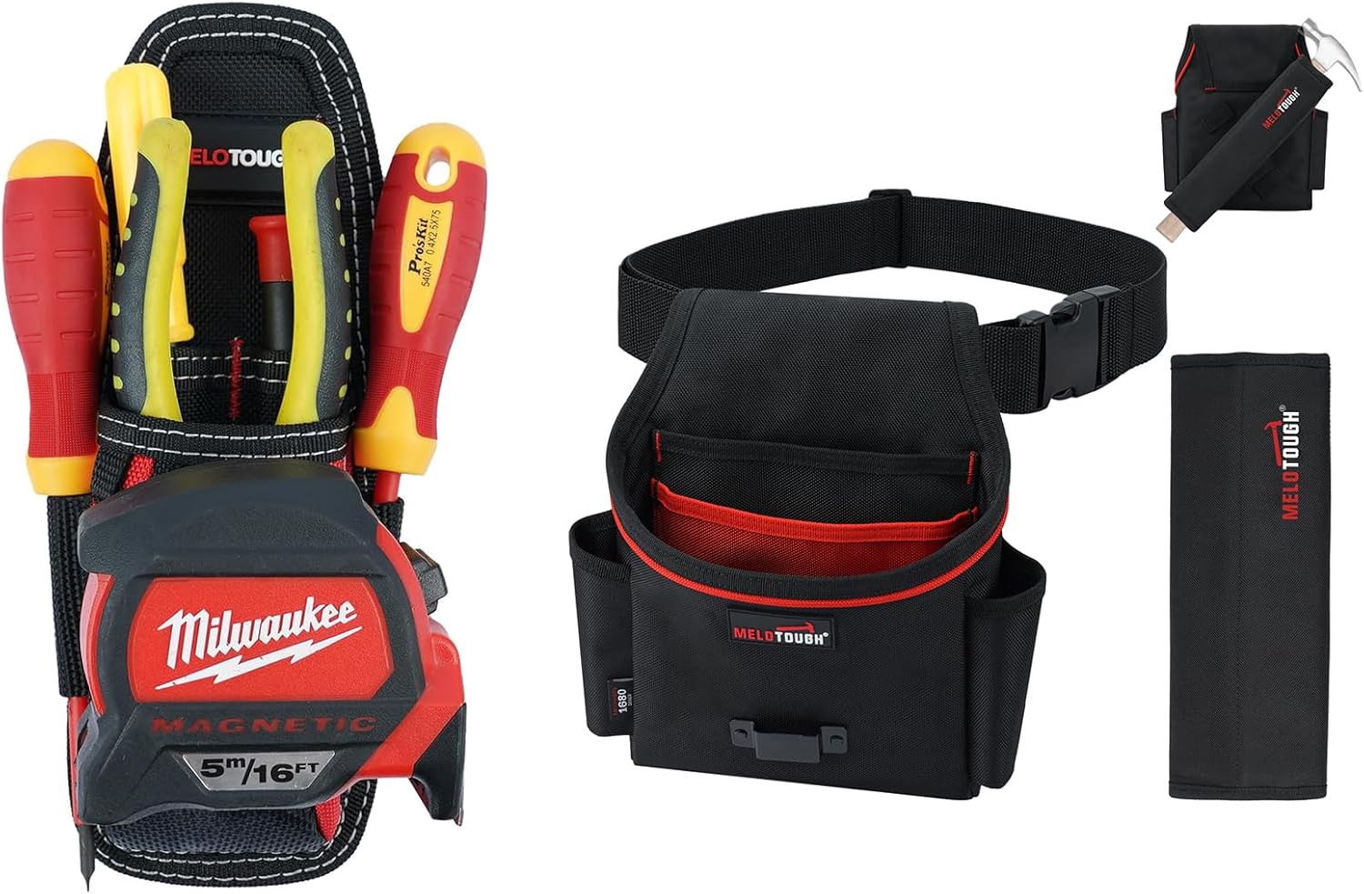 MELOTOUGH Small Tool Pouch with Belt Clip, Tool Belt Pouches with Detachable Hammer Holster for Electrician, Carpenter, Construction (Red)