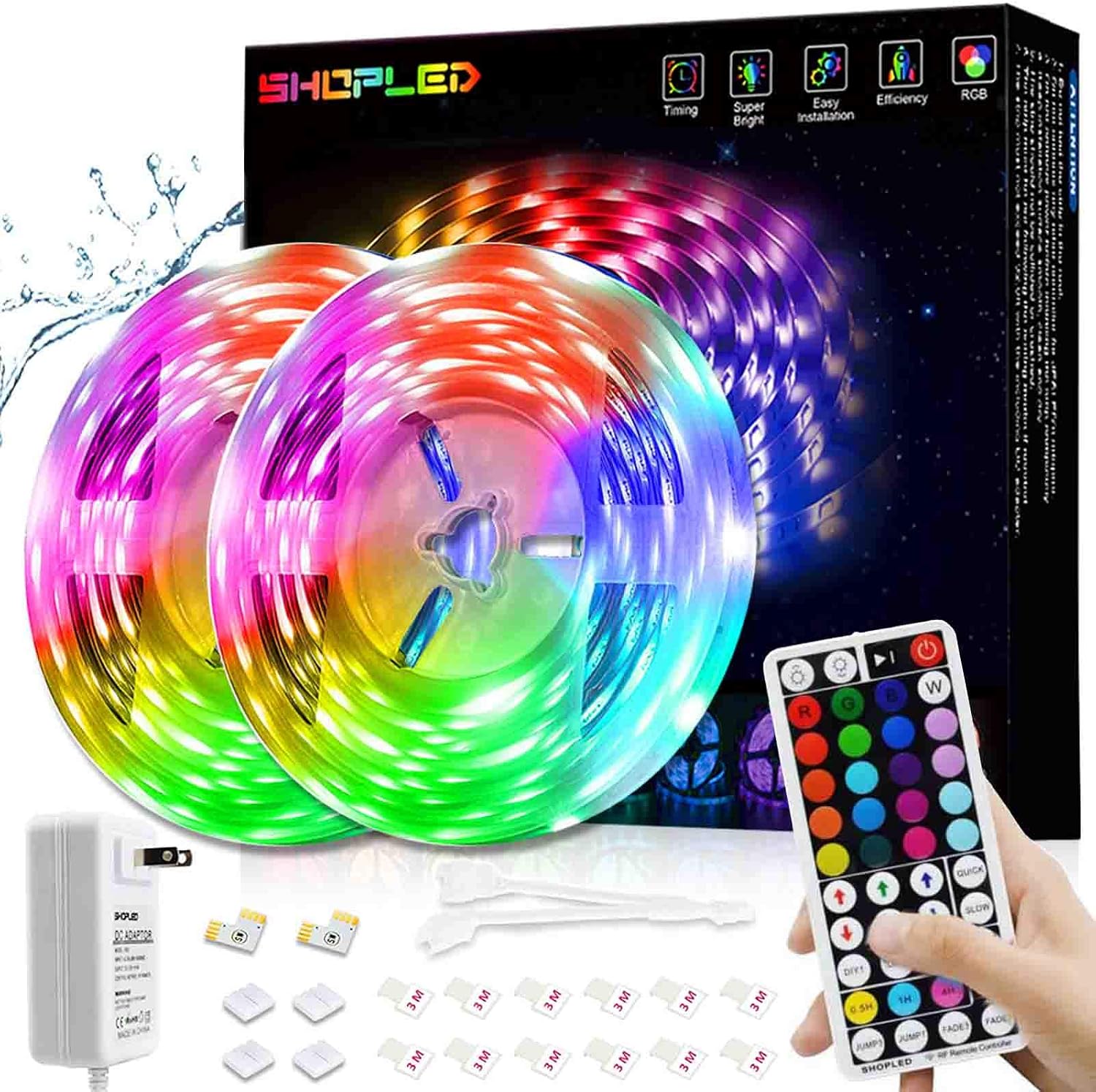 SHOPLED LED Strip Lights 32.8ft/10M RGB SMD 5050 Black LED Color Changing Light Strip Kits with RF Remote for Bedroom, TV, Kitchen, Ceiling, Indoor Decorations, Party, Festive, Easy Installation