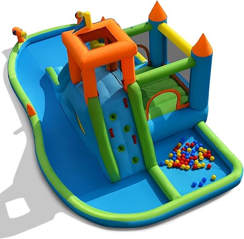 Miniatura 8 de BOUNTECH Tobogán acuático inflable, casa de rebote de agua con tobogán acuático y pozo de pelotas combo húmedo y seco para niños al aire libre con