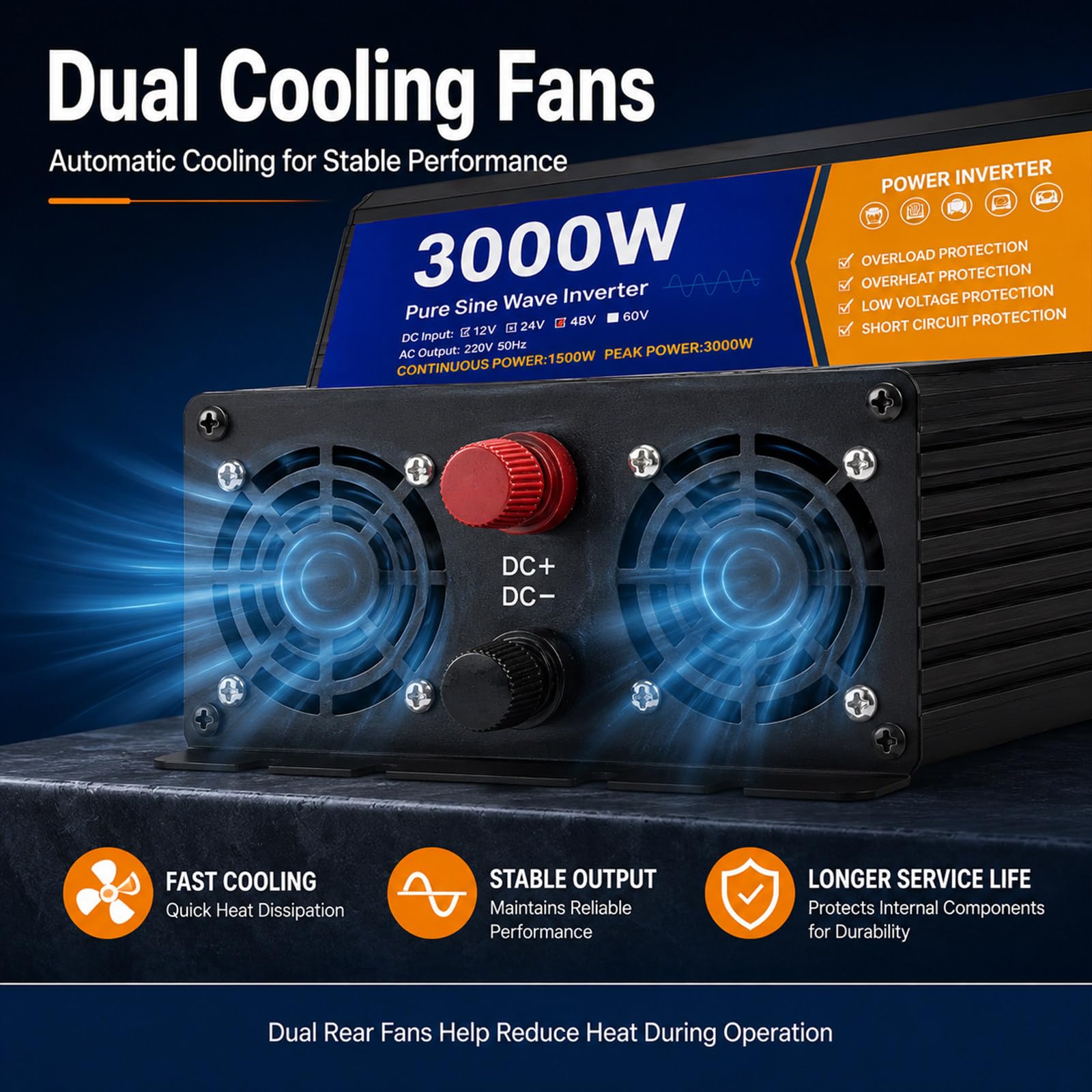 Przetwornica napięcia 12V do 110V/220V, 3000W, czysta fala sinusoidalna 12V-220V